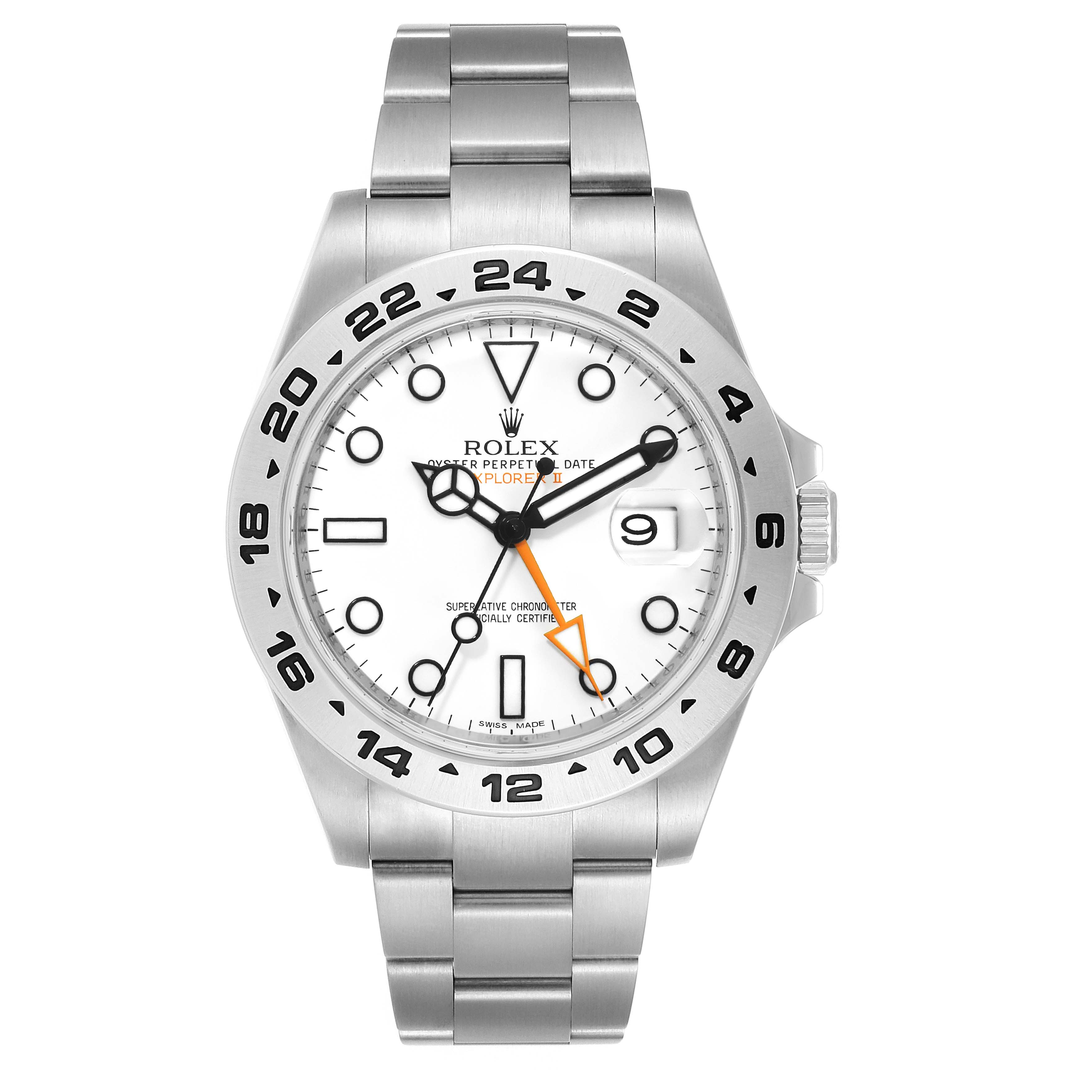 This image shows a frontal view of a Rolex Explorer 216570 Men
s Stainless Steel White Dial 216570 Men
s Stainless Steel White Dial watch, highlighting its dial, bezel, hands, bracelet, and crown.