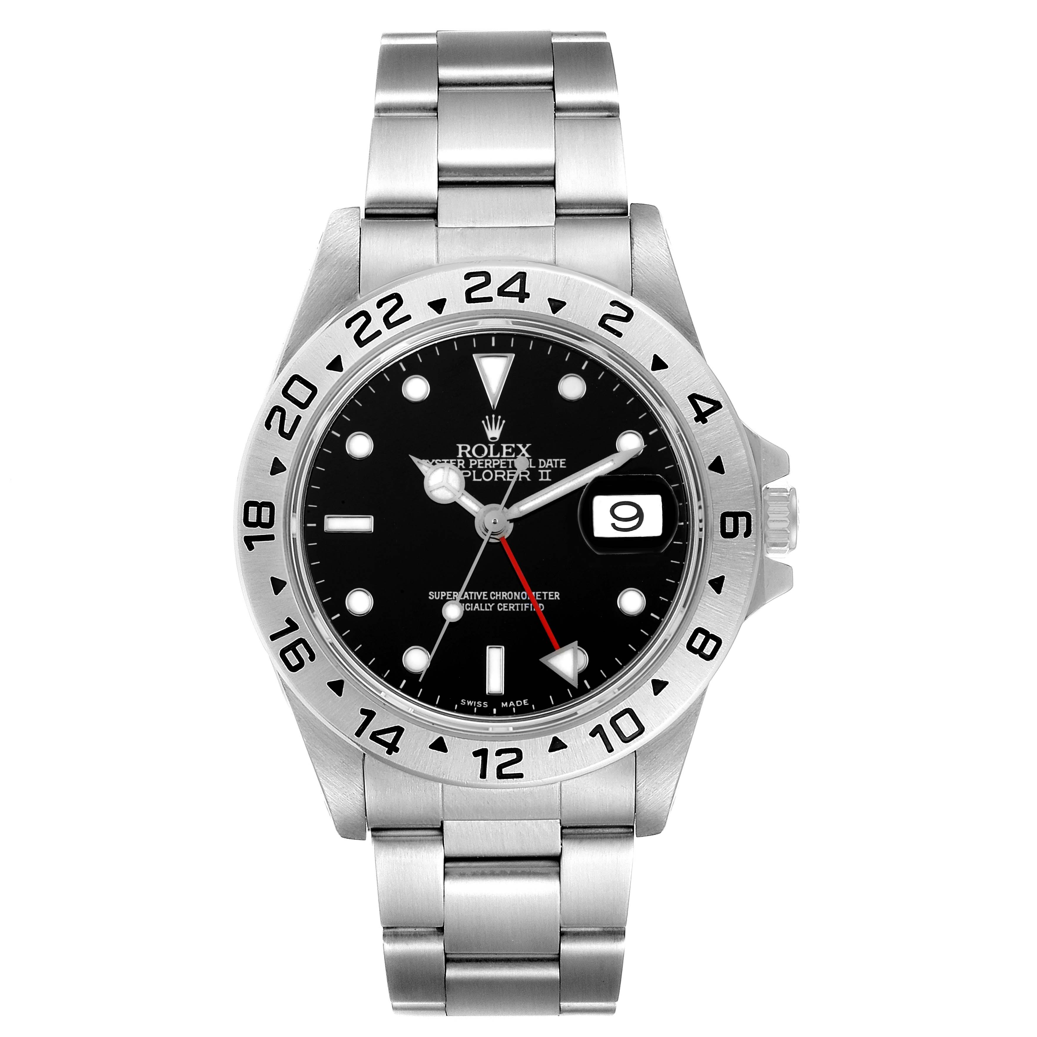 This image displays a front view of a Rolex Explorer 16570 Men
s Stainless Steel Black Dial 16570 Men
s Stainless Steel Black Dial watch, showcasing its dial, bezel, hands, and bracelet.
