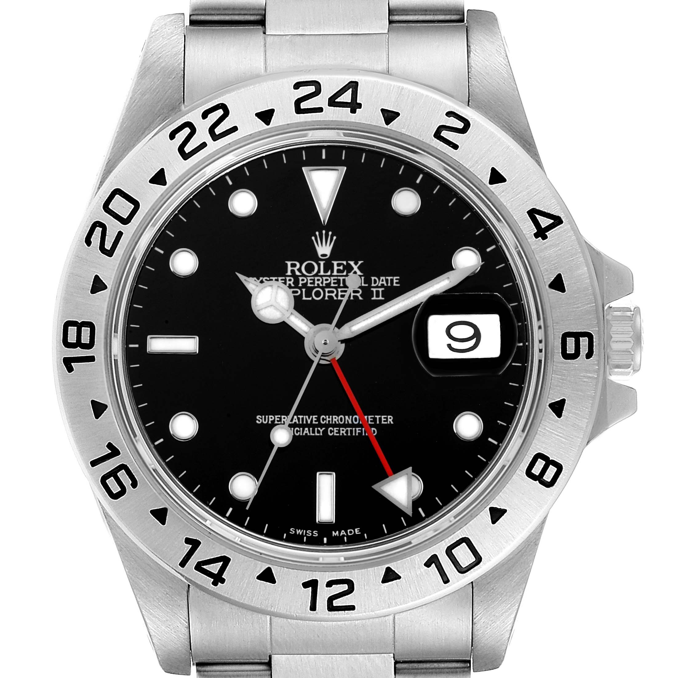 This image shows a frontal view of a Rolex Explorer 16570 Men
s Stainless Steel Black Dial 16570 Men
s Stainless Steel Black Dial watch, highlighting the dial, bezel, and part of the bracelet.