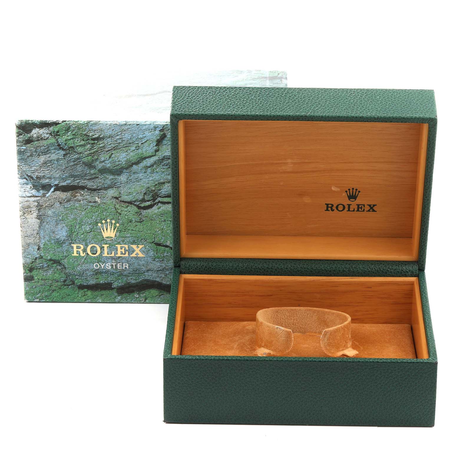 The image shows an open green Rolex Explorer 16570 Men
s Stainless Steel Black Dial 16570 Men
s Stainless Steel Black Dial watch box with its interior visible, alongside its outer packaging.