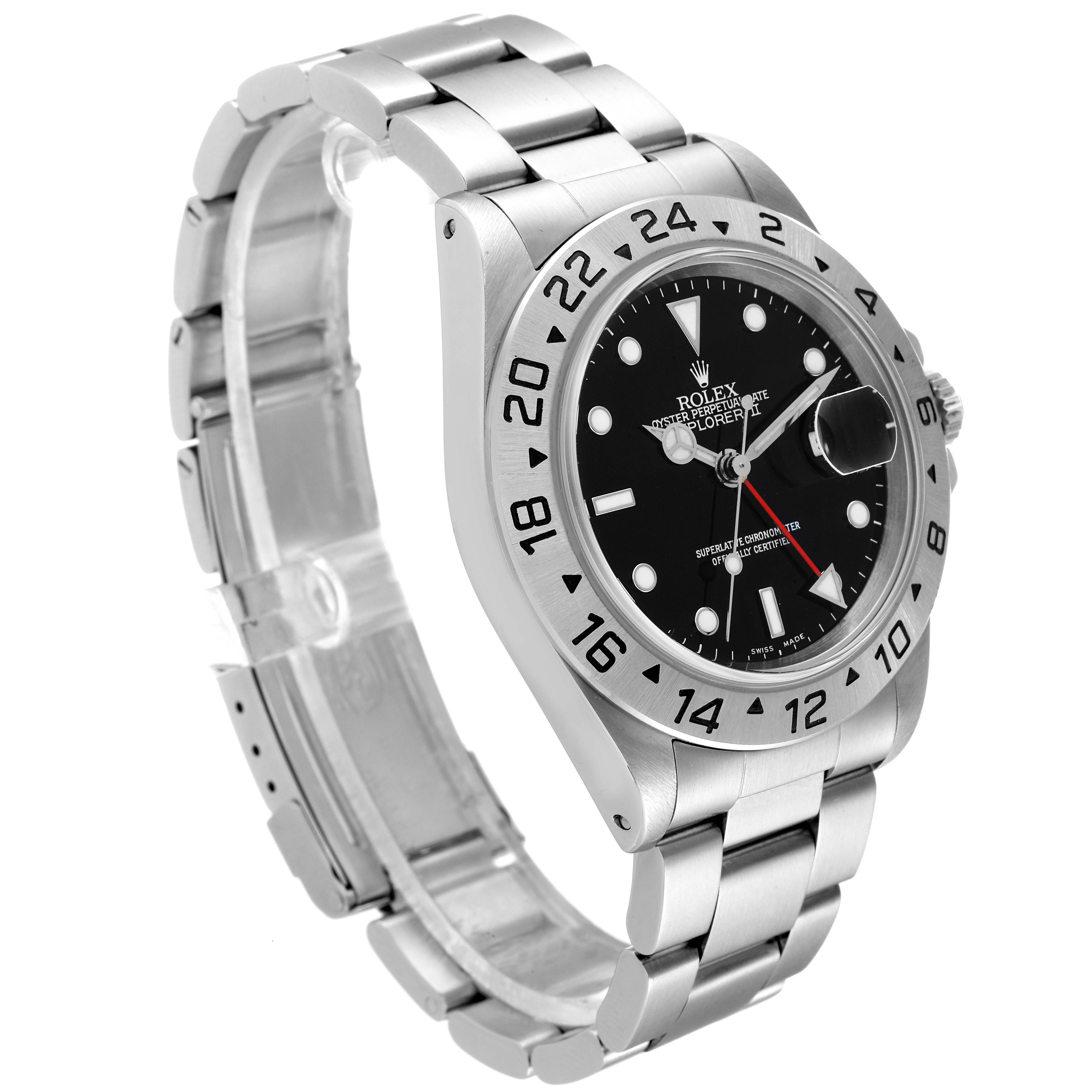 This image shows the Rolex Explorer 16570 Men
s Stainless Steel Black Dial 16570 Men
s Stainless Steel Black Dial watch from a three-quarter angle, highlighting the face, bezel, bracelet, and clasp.