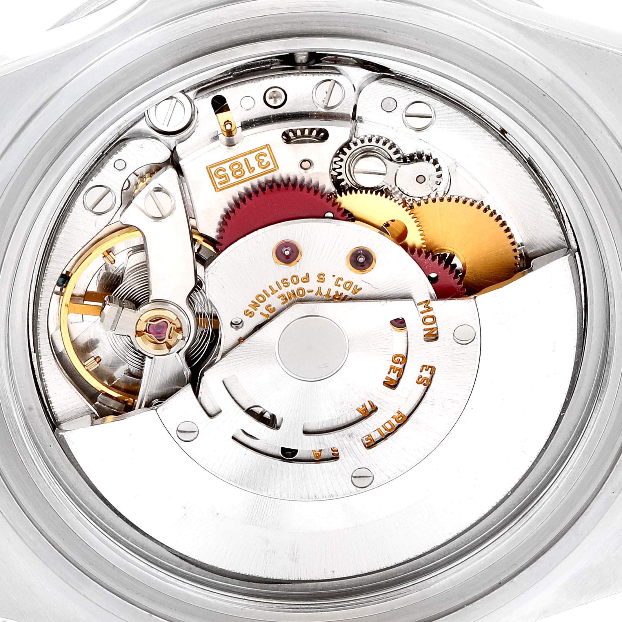 The image shows a close-up view of the movement mechanism of a Rolex Explorer 16570 Men
s Stainless Steel Black Dial 16570 Men
s Stainless Steel Black Dial watch.