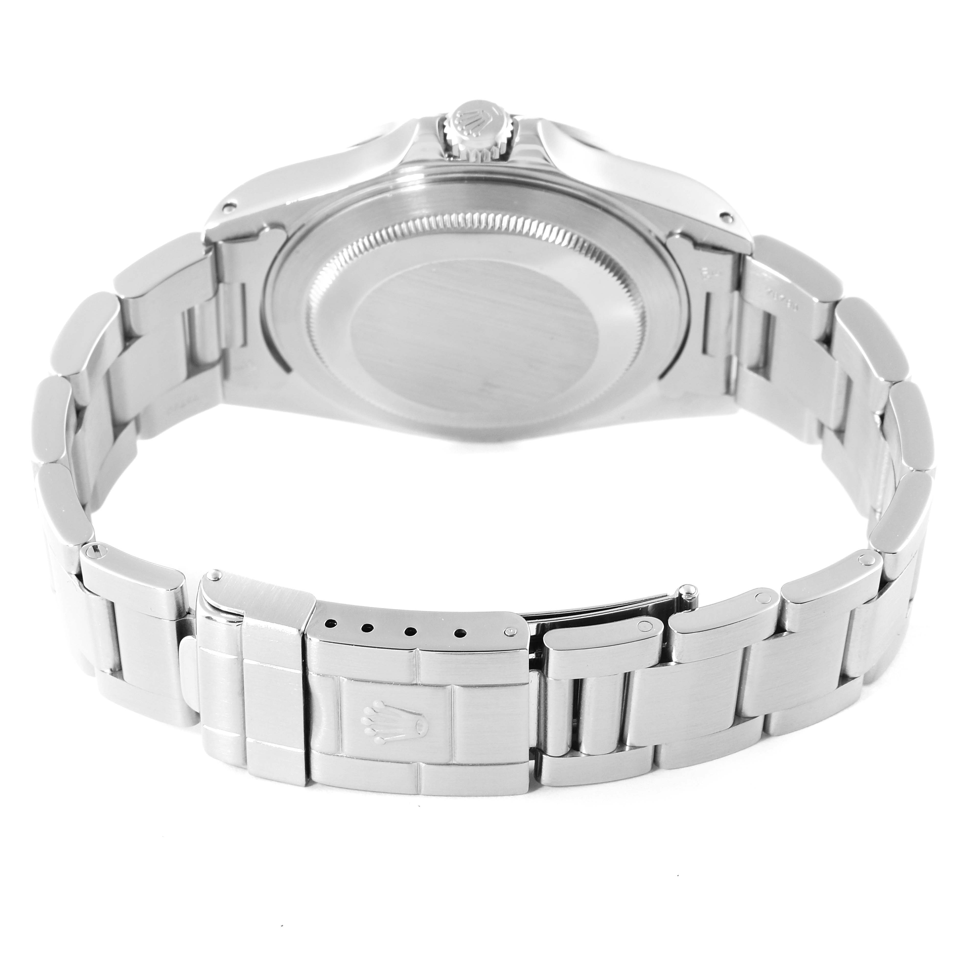 This image shows the case back and bracelet of the Rolex Explorer 16570 Men
s Stainless Steel Black Dial 16570 Men
s Stainless Steel Black Dial watch from a rear angle.