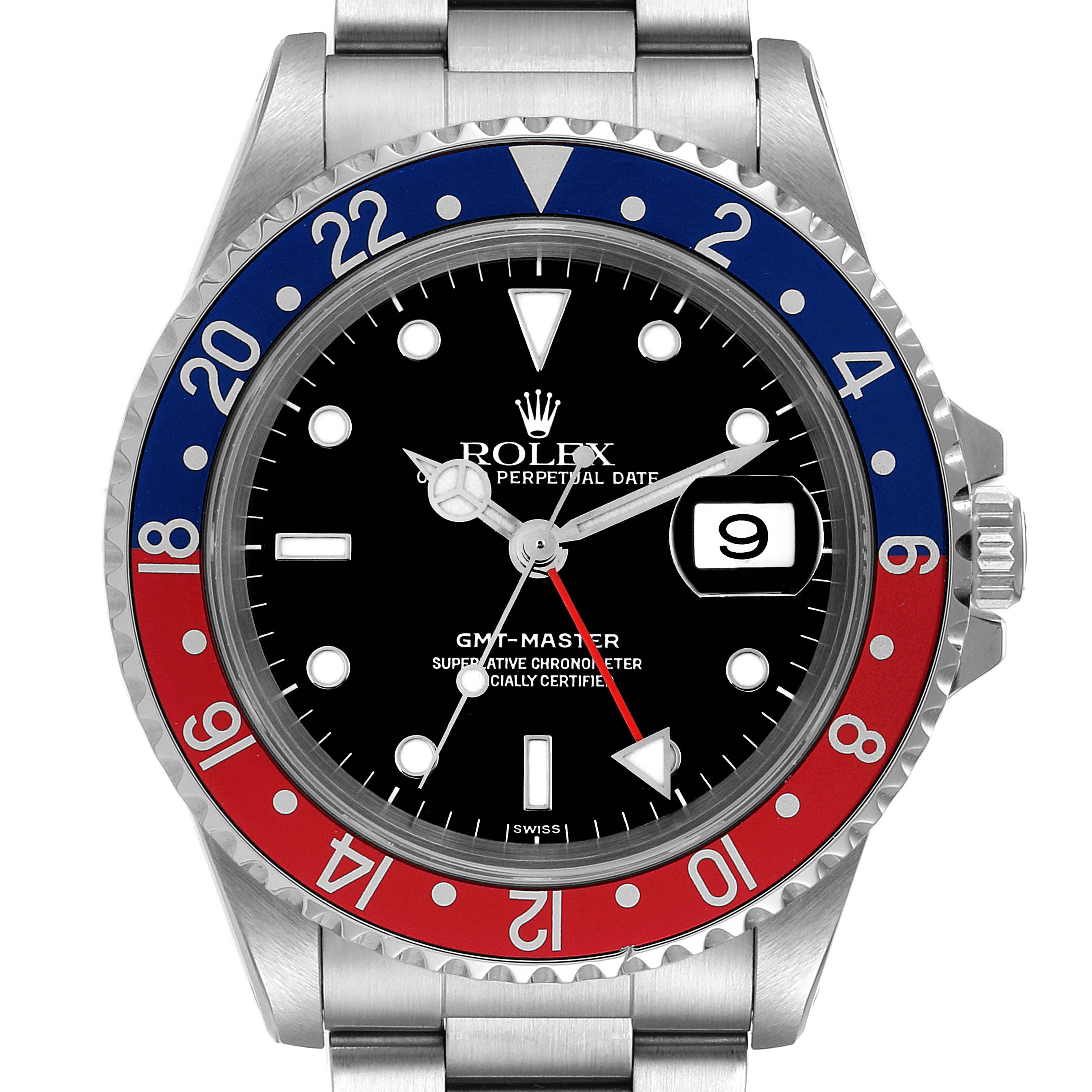 The image shows a front view of a Rolex GMT-Master 16700 Men
s Stainless Steel Black Dial 16700 Men
s Stainless Steel Black Dial watch, highlighting its dial, bezel, and bracelet.
