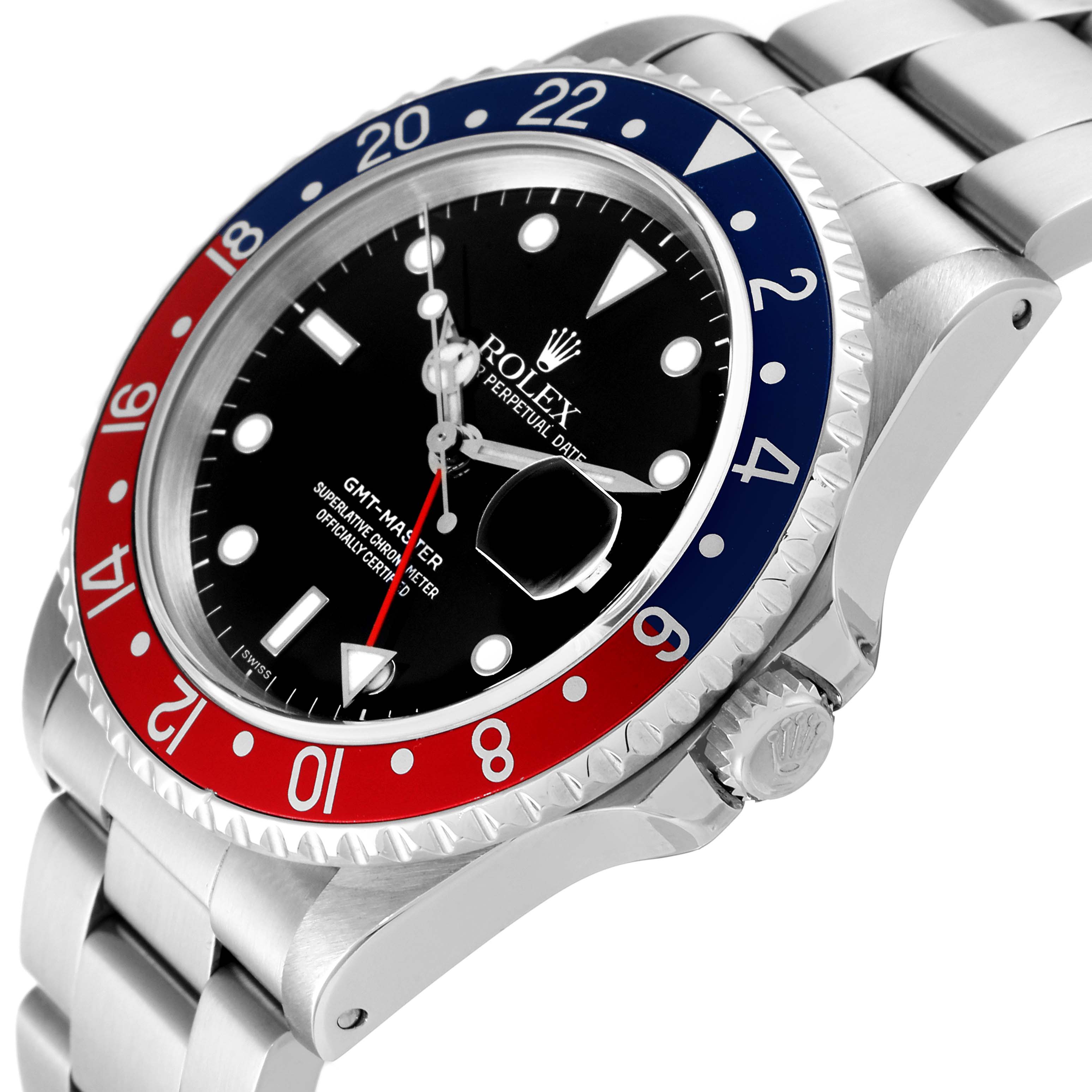 This image shows a close-up angle of a Rolex GMT-Master 16700 Men
s Stainless Steel Black Dial 16700 Men
s Stainless Steel Black Dial watch
s face, bezel, and part of the bracelet.