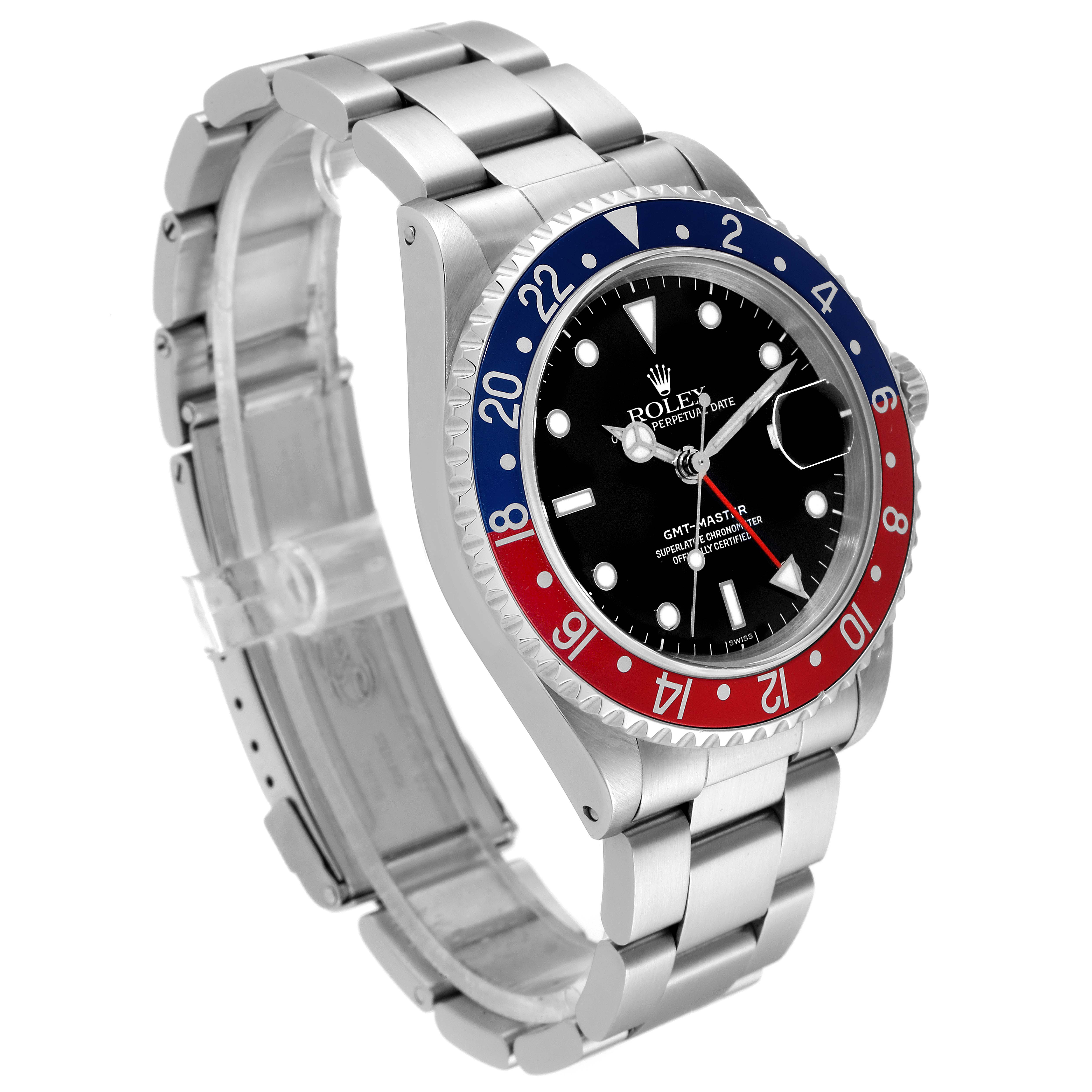 This image shows a Rolex GMT-Master 16700 Men
s Stainless Steel Black Dial 16700 Men
s Stainless Steel Black Dial watch at a 3/4 angle, highlighting the bracelet, bezel, and face.