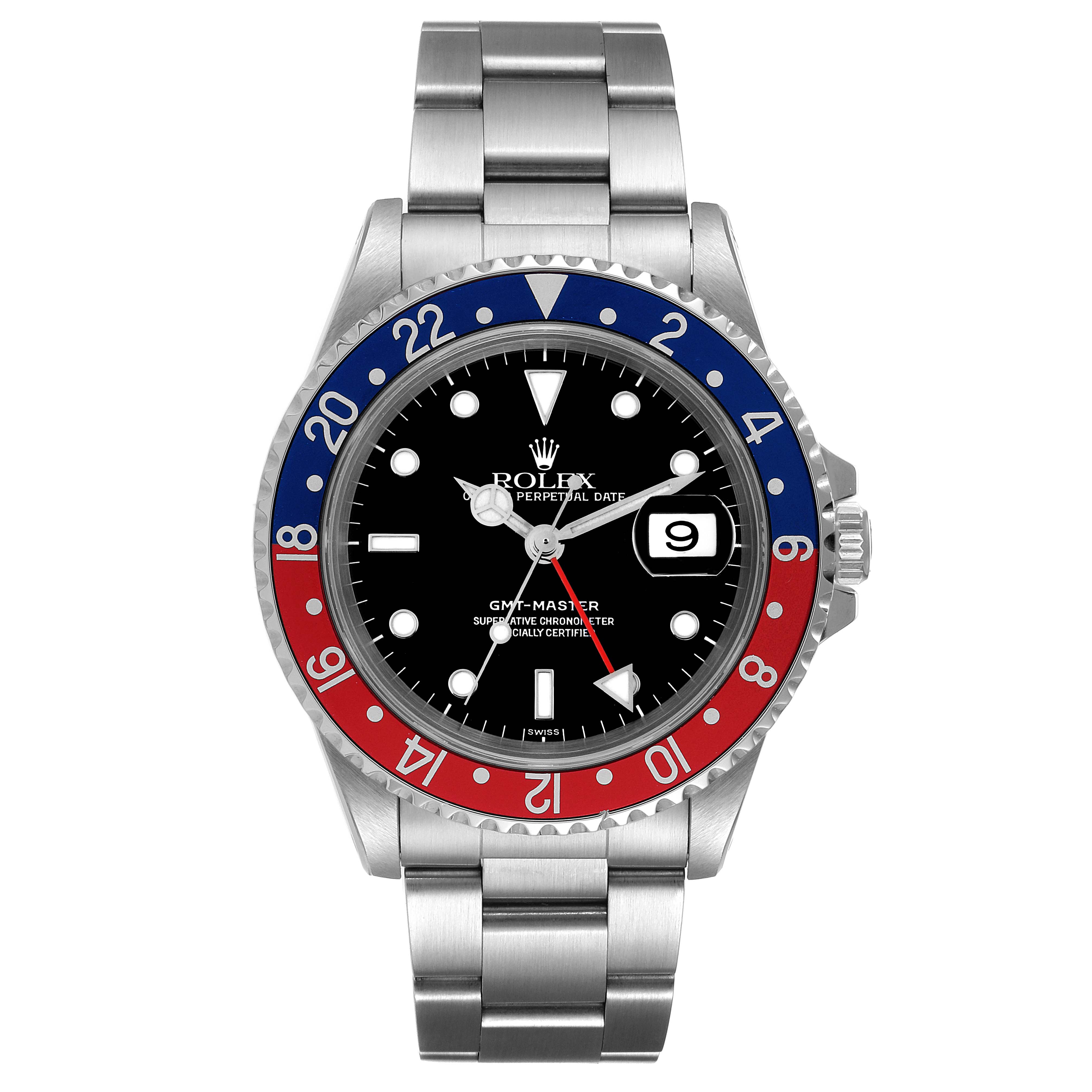 The image shows a front view of a Rolex GMT-Master 16700 Men
s Stainless Steel Black Dial 16700 Men
s Stainless Steel Black Dial watch, displaying its bezel, dial, and bracelet.