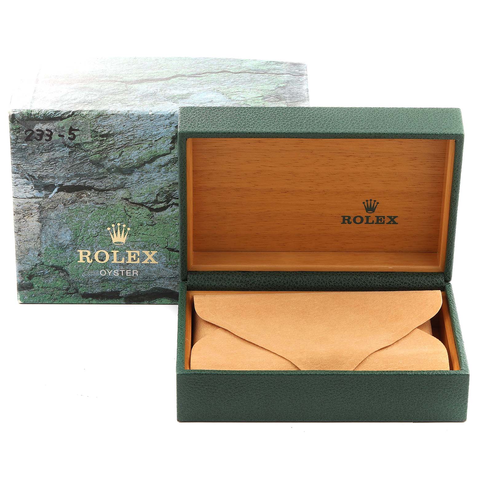 The image shows a green Rolex GMT-Master 16700 Men
s Stainless Steel Black Dial 16700 Men
s Stainless Steel Black Dial box and packaging at an angled open view, with the inner wooden presentation box partially revealed.