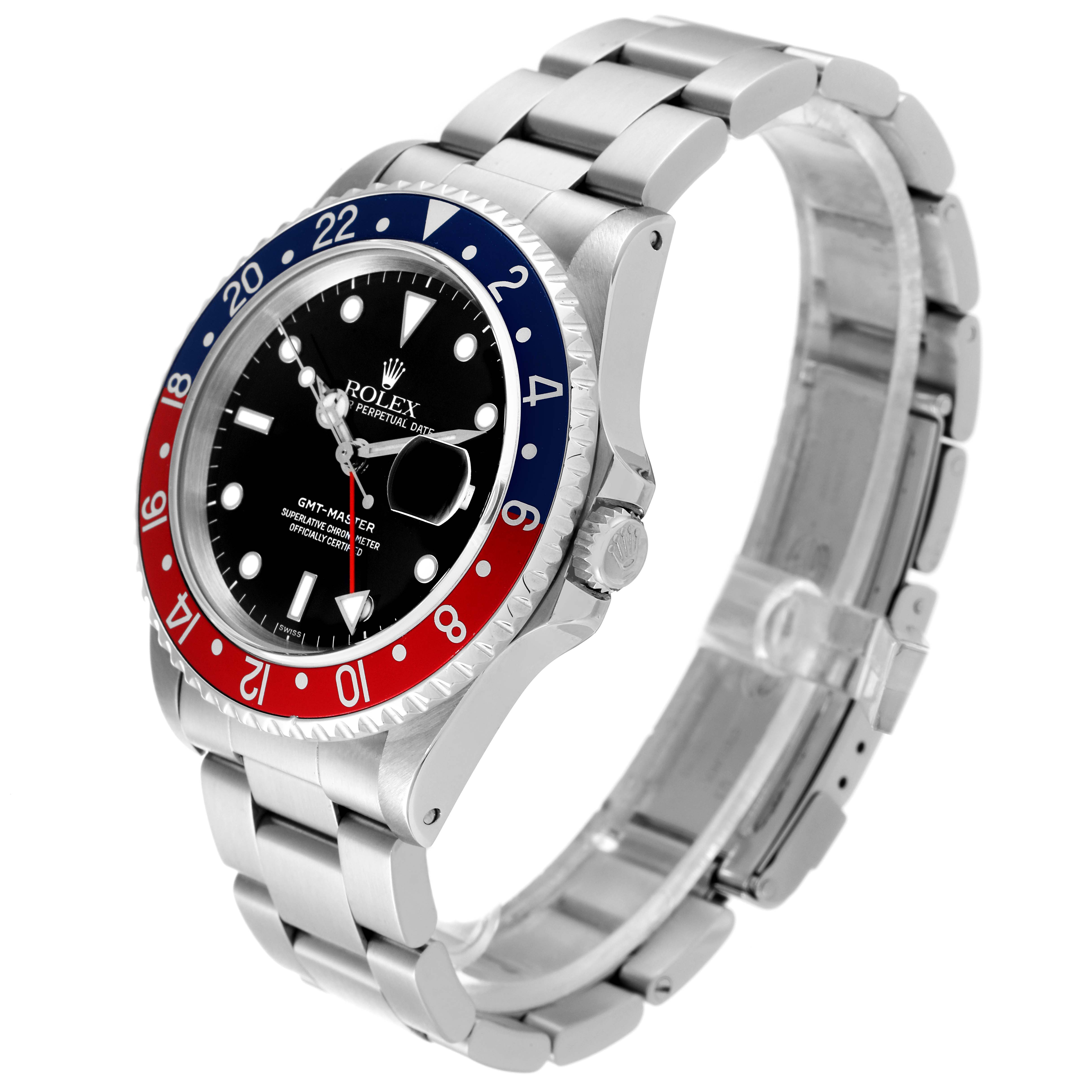This image shows a side angle of a Rolex GMT-Master 16700 Men
s Stainless Steel Black Dial 16700 Men
s Stainless Steel Black Dial watch, highlighting its bezel, dial, and stainless steel bracelet.