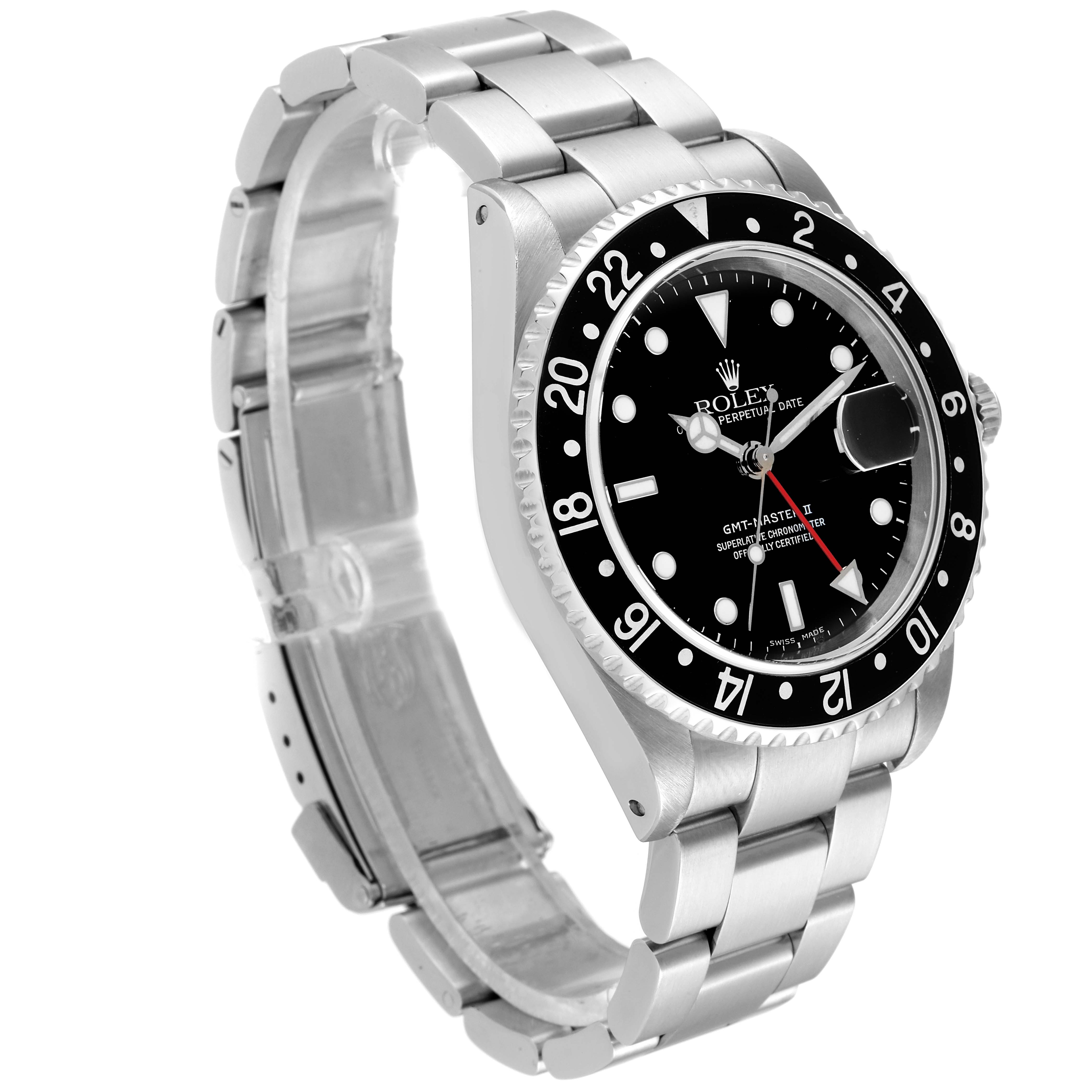 This image showcases a Rolex GMT-Master 16710 Men
s Stainless Steel Black Dial 16710 Men
s Stainless Steel Black Dial watch at a three-quarter angle, highlighting its bezel, dial, and stainless steel bracelet.