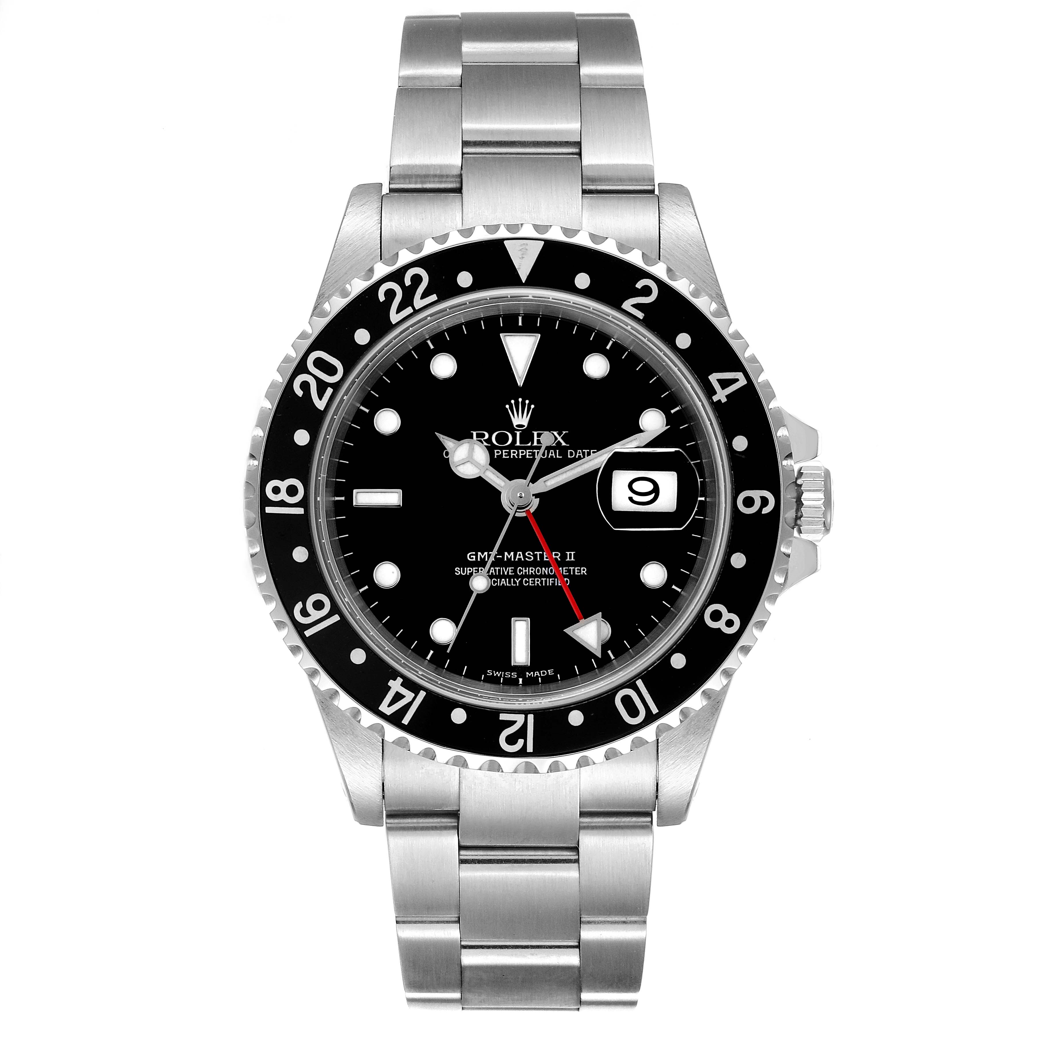 The image shows a front view of the Rolex GMT-Master 16710 Men
s Stainless Steel Black Dial 16710 Men
s Stainless Steel Black Dial II watch, displaying the bezel, dial, hands, date window, and stainless steel bracelet.
