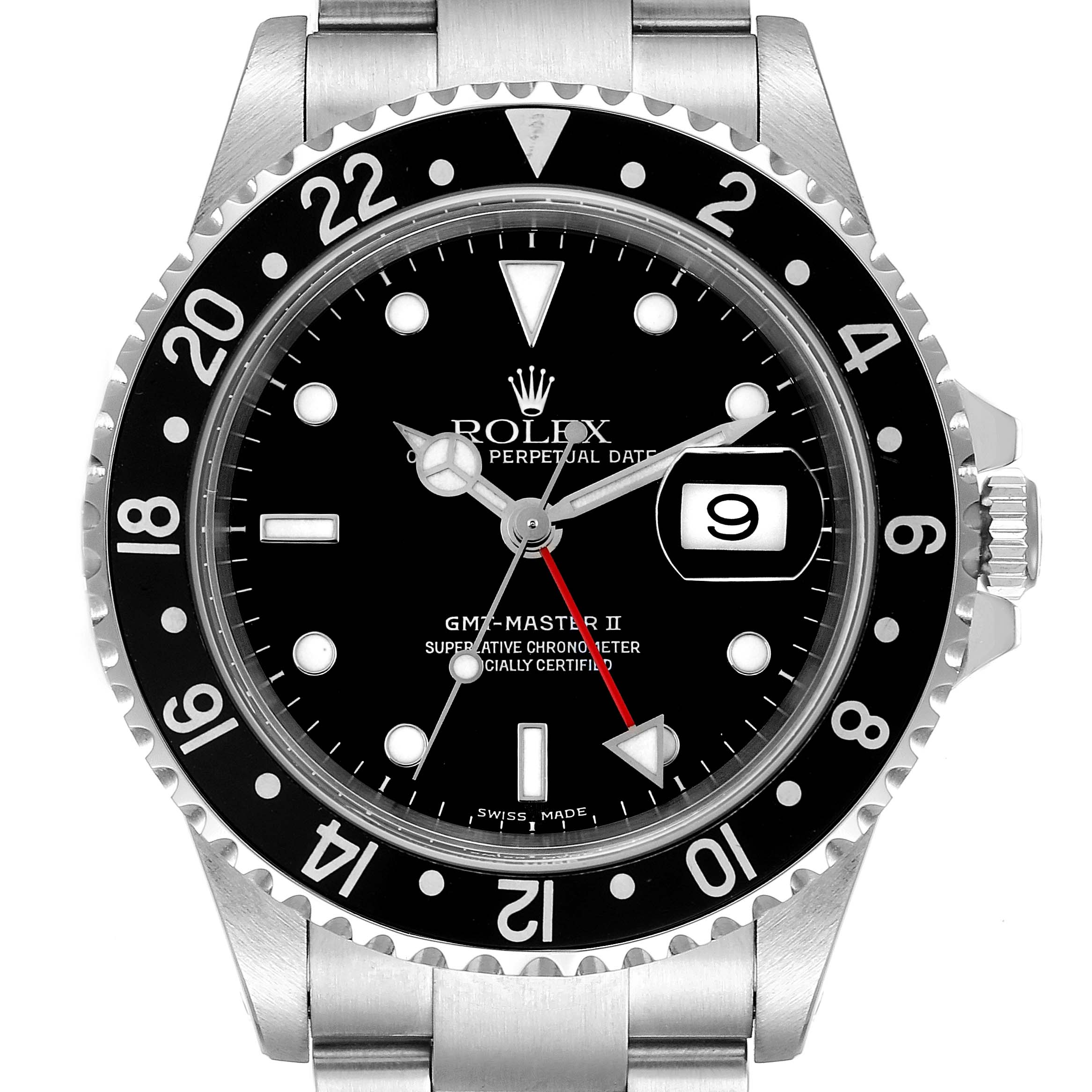 This image shows a front view of the Rolex GMT-Master 16710 Men
s Stainless Steel Black Dial 16710 Men
s Stainless Steel Black Dial II watch, highlighting its dial, bezel, and part of the bracelet.