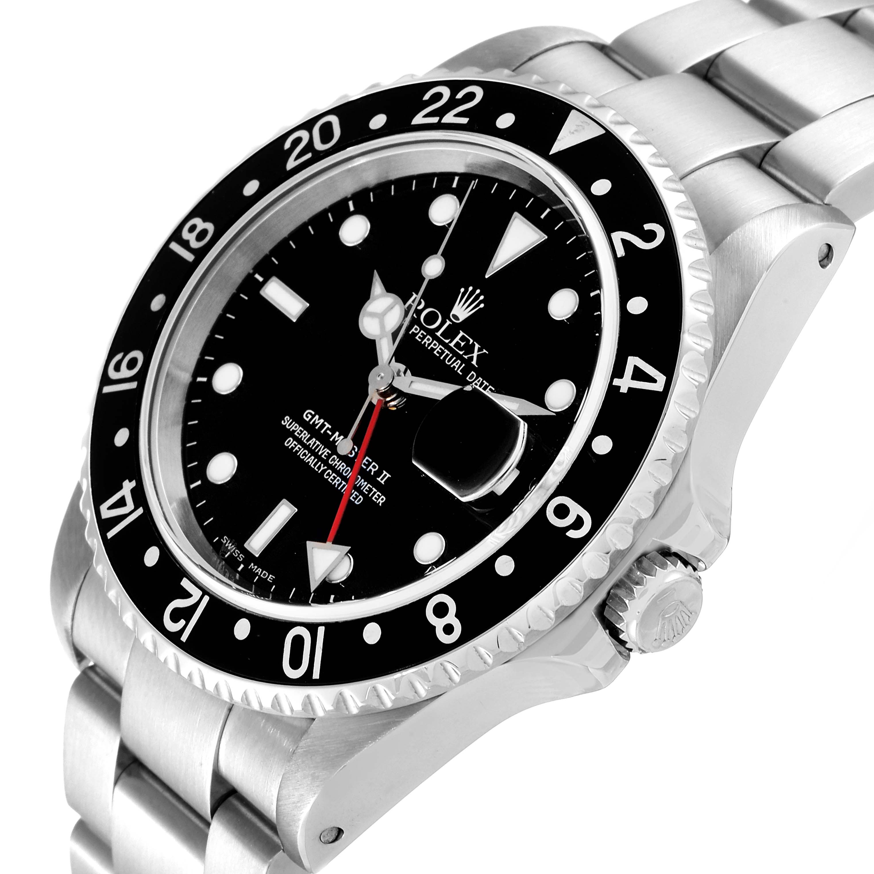 The Rolex GMT-Master 16710 Men
s Stainless Steel Black Dial 16710 Men
s Stainless Steel Black Dial watch is shown from a slightly tilted angle, highlighting the bezel, dial, crown, and bracelet.