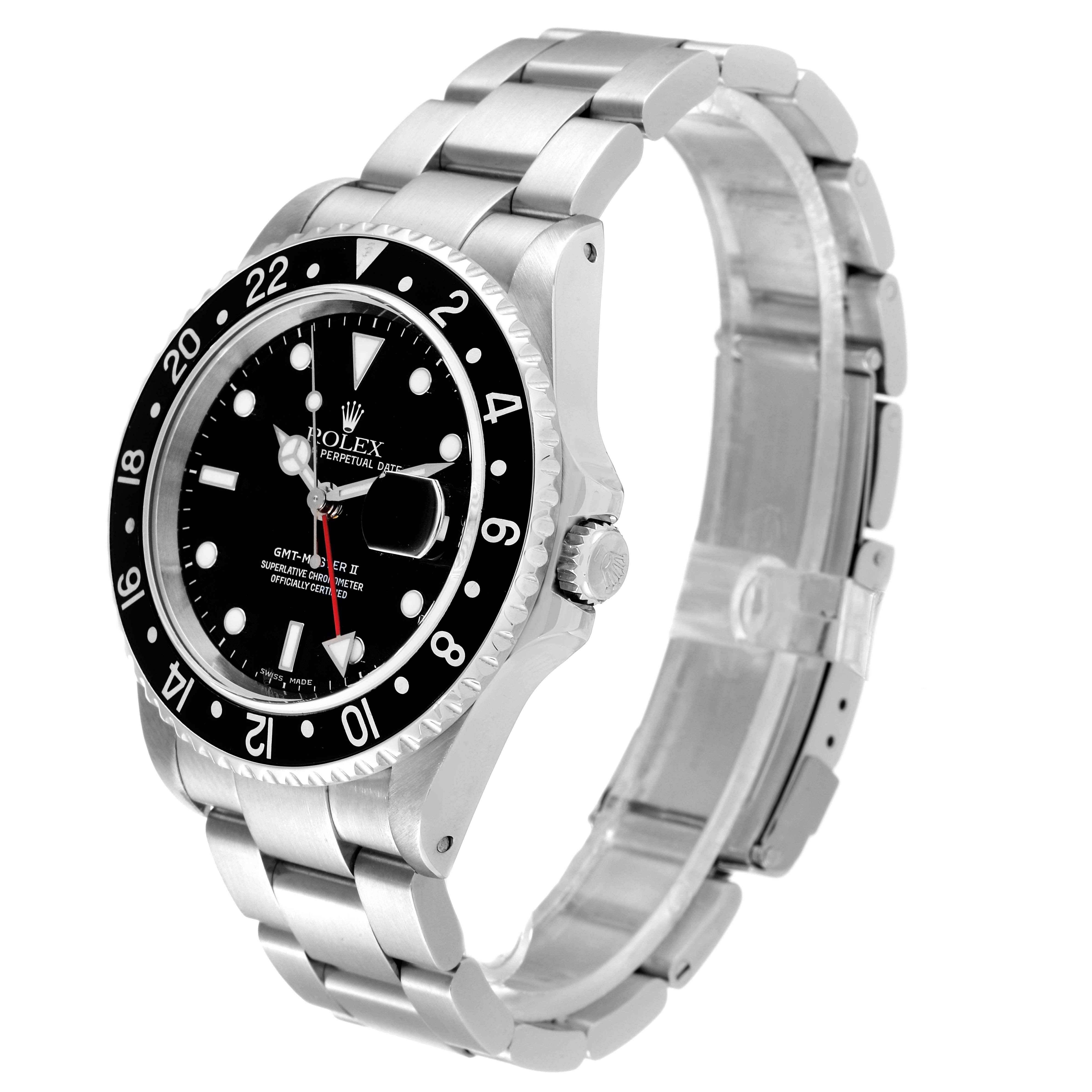 The Rolex GMT-Master 16710 Men
s Stainless Steel Black Dial 16710 Men
s Stainless Steel Black Dial watch is shown at a slight angle, displaying its face, bezel, crown, and stainless steel bracelet.