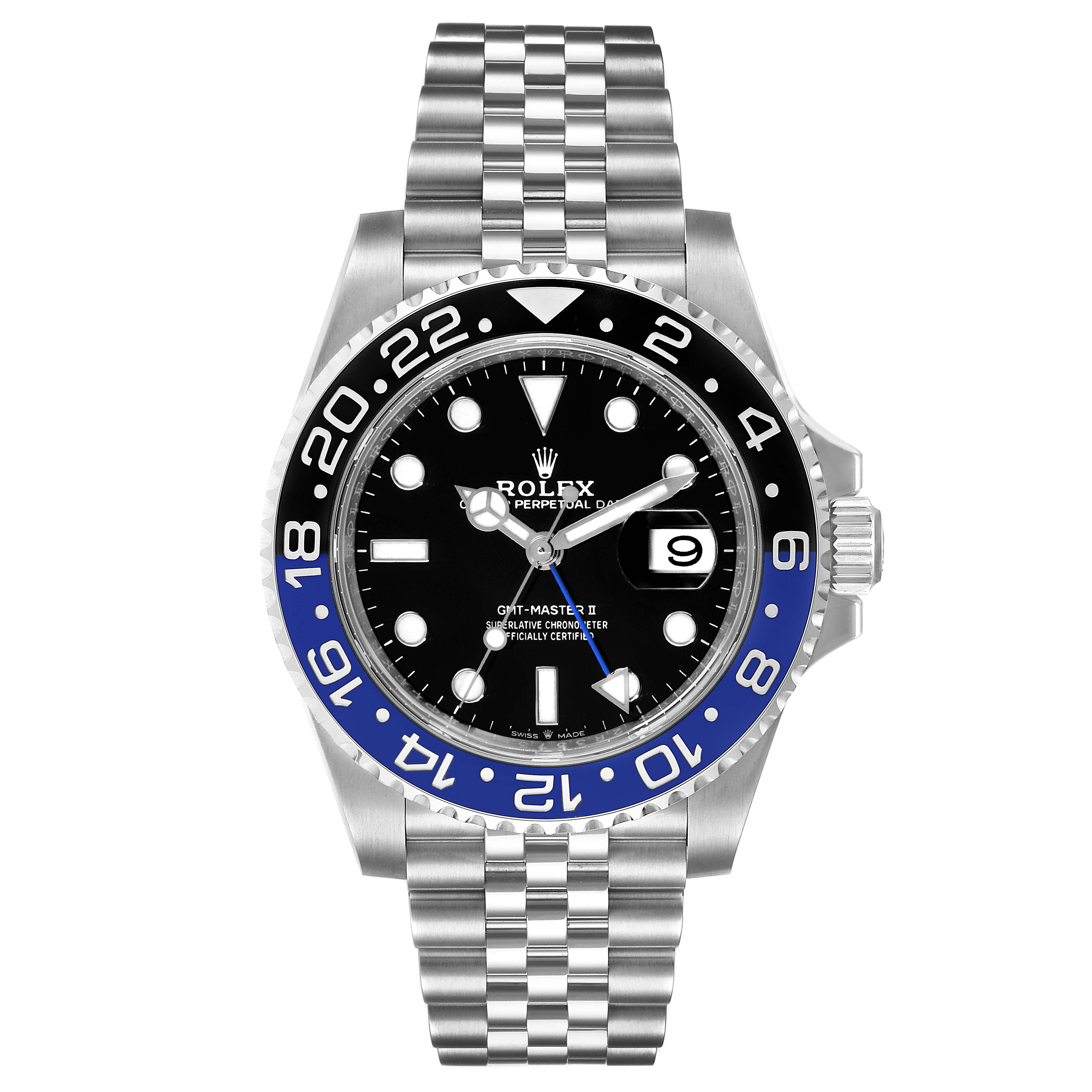 This image shows a Rolex GMT-Master 126710 Men
s Stainless Steel Black Dial 126710 Men
s Stainless Steel Black Dial II watch from the front, featuring its bezel, dial, hands, and bracelet.