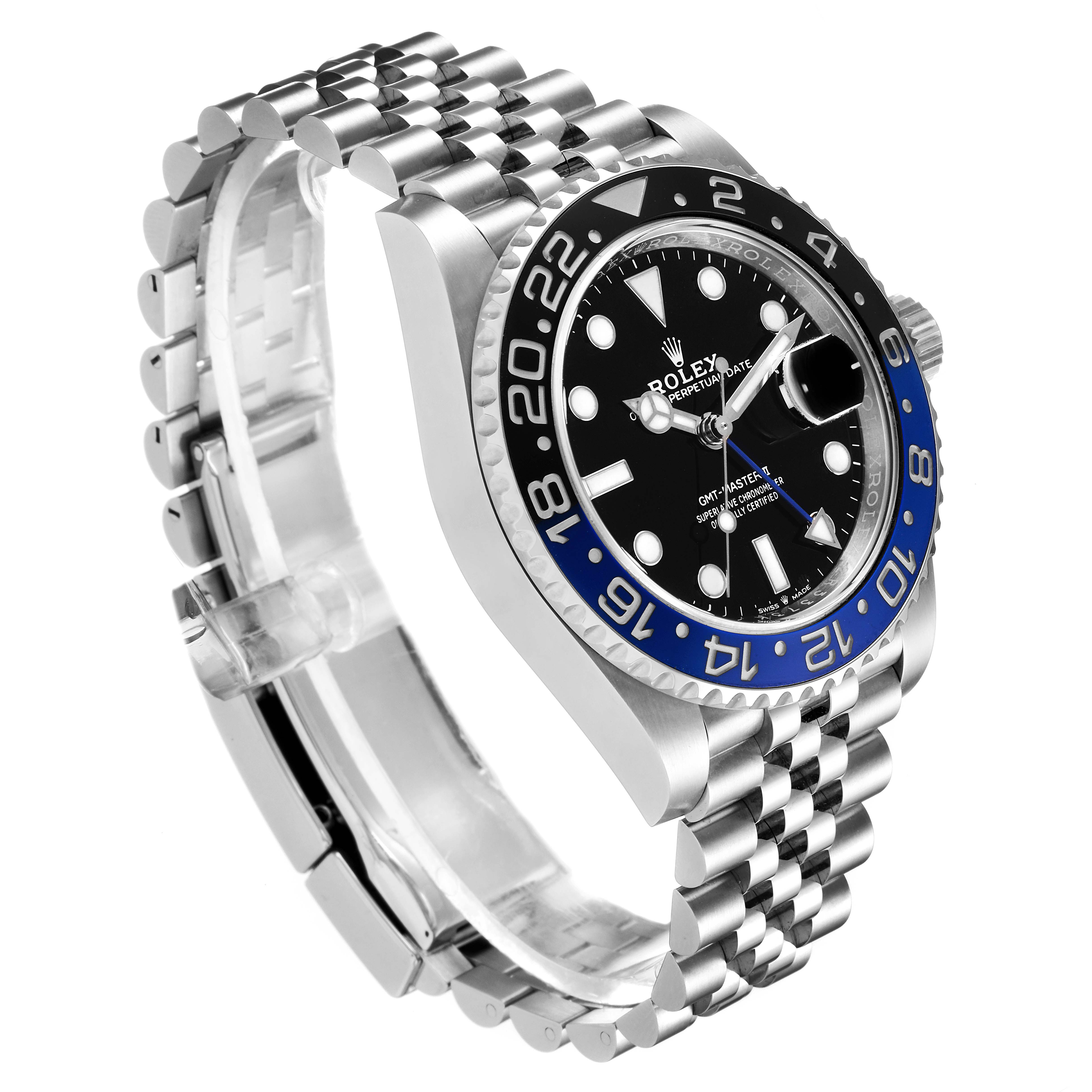 The image shows a Rolex GMT-Master 126710 Men
s Stainless Steel Black Dial 126710 Men
s Stainless Steel Black Dial watch from an angled side view, highlighting the face, bezel, and Jubilee bracelet.