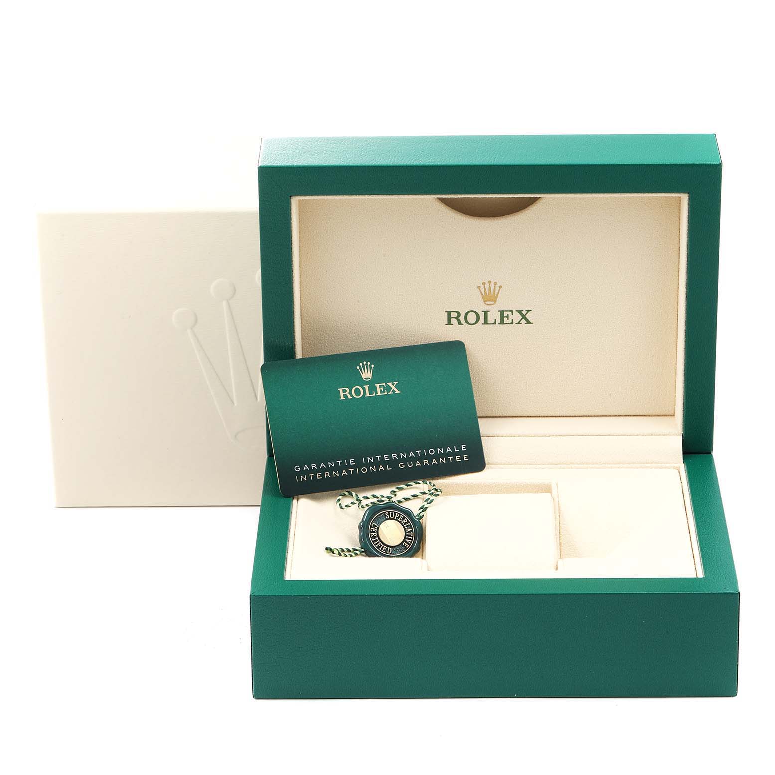 The image shows the storage box, warranty card, and accessories for a Rolex GMT-Master 126710 Men
s Stainless Steel Black Dial 126710 Men
s Stainless Steel Black Dial watch.