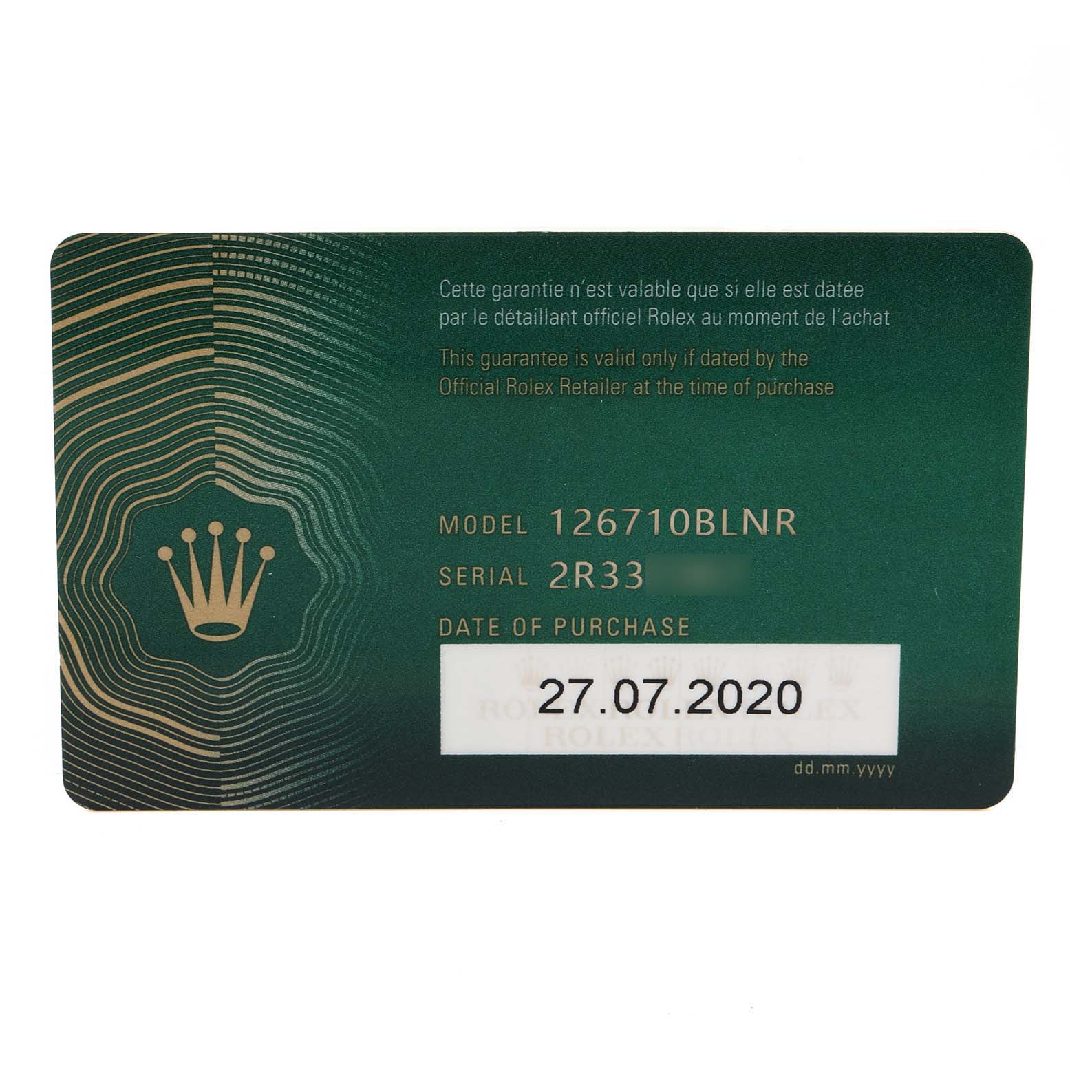 This image shows a guarantee card for a Rolex GMT-Master 126710 Men
s Stainless Steel Black Dial 126710 Men
s Stainless Steel Black Dial model 126710BLNR, including the serial number and date of purchase.