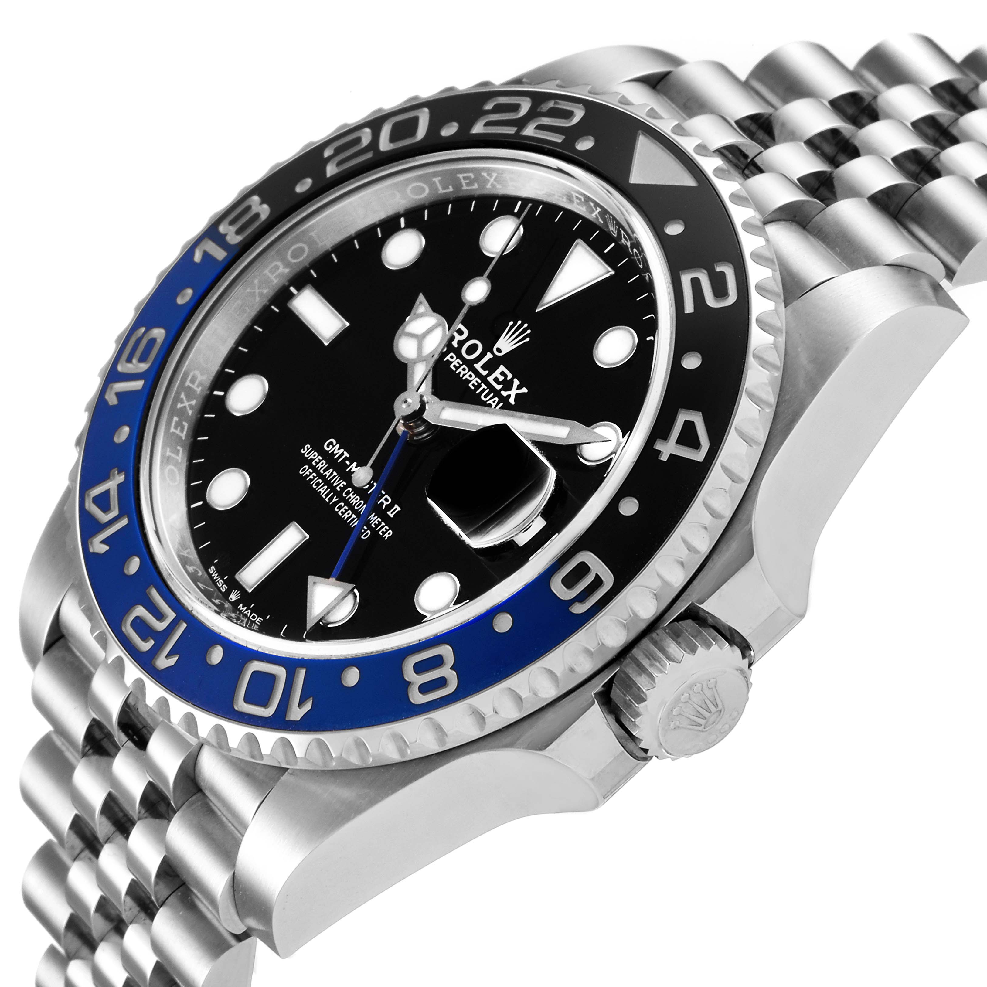 The image shows a side and partial frontal view of the Rolex GMT-Master 126710 Men
s Stainless Steel Black Dial 126710 Men
s Stainless Steel Black Dial watch, highlighting its dial, bezel, and crown.