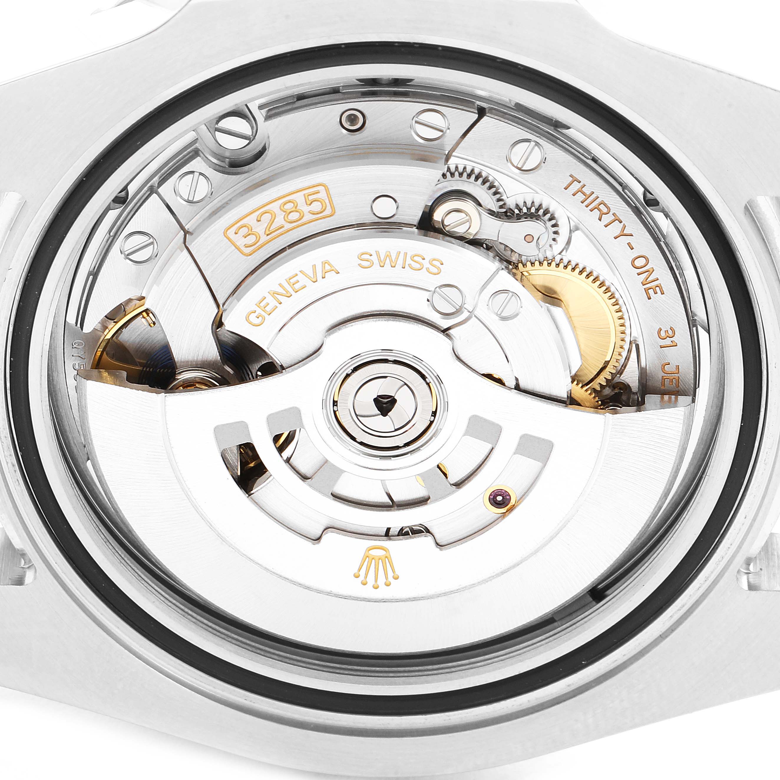 The image shows the back view of a Rolex GMT-Master 126710 Men
s Stainless Steel Black Dial 126710 Men
s Stainless Steel Black Dial watch, displaying its inner mechanical movement labeled "3285".