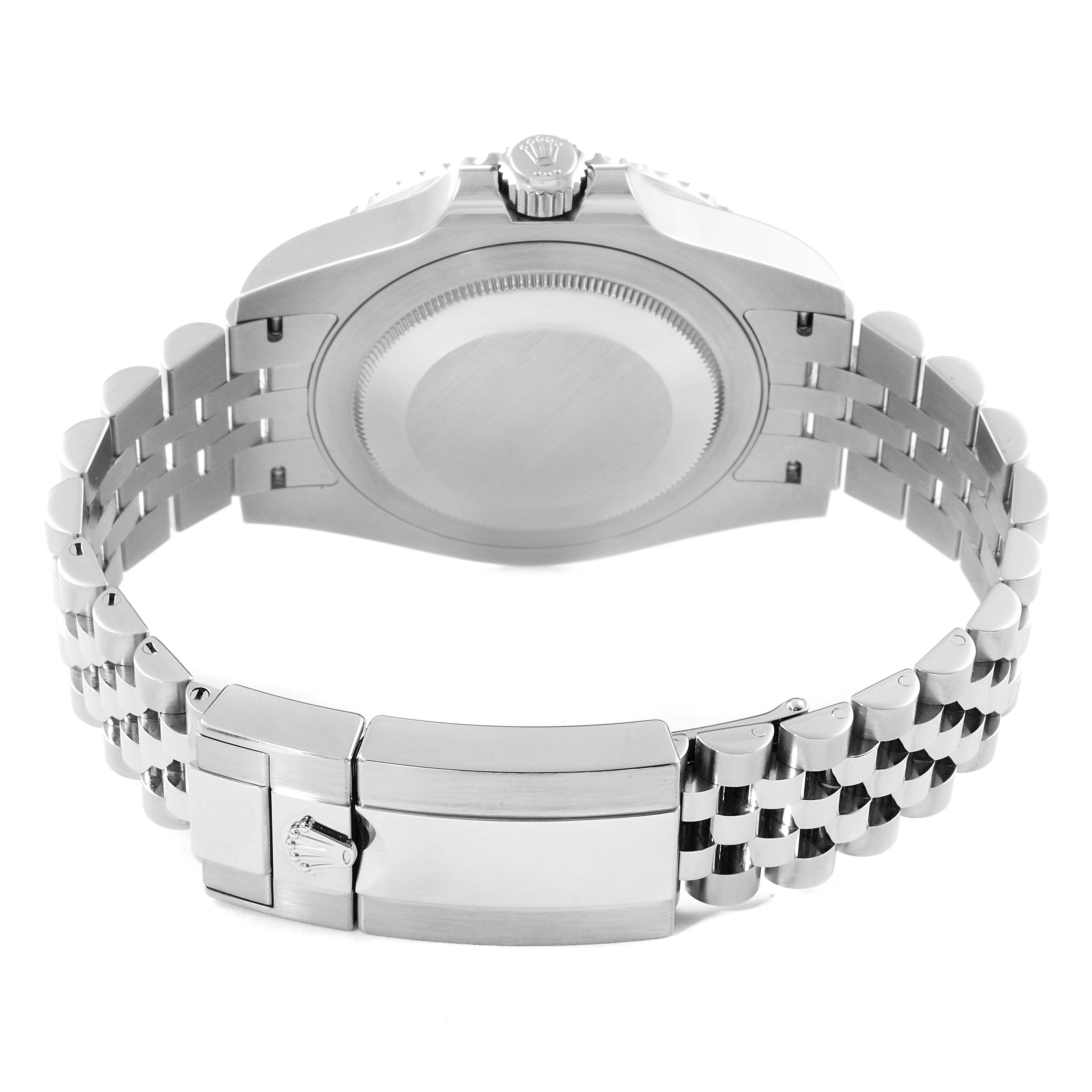 This image shows the backside and clasp of the Rolex GMT-Master 126710 Men
s Stainless Steel Black Dial 126710 Men
s Stainless Steel Black Dial watch, highlighting its closed case and metal bracelet.