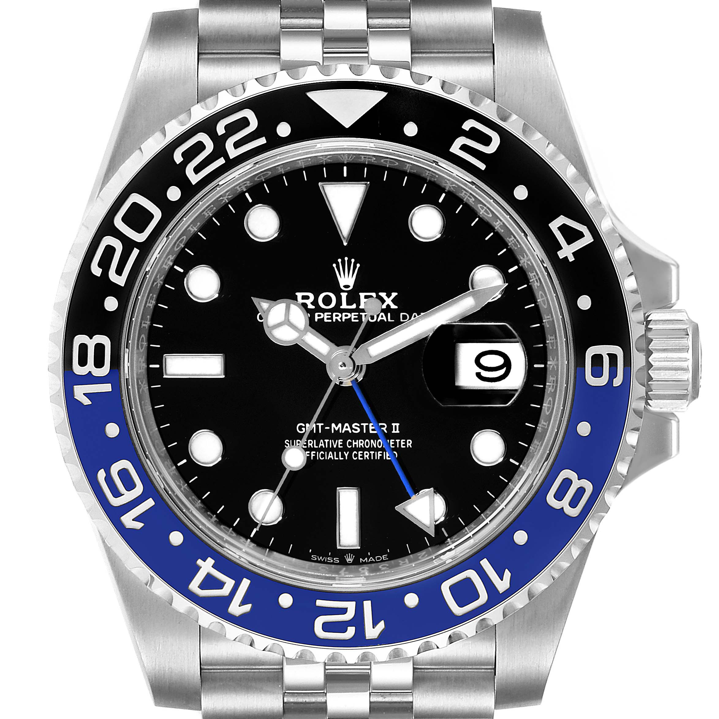 The image shows a front view of the Rolex GMT-Master 126710 Men
s Stainless Steel Black Dial 126710 Men
s Stainless Steel Black Dial II watch, highlighting the dial, hands, bezel, bracelet, and crown.