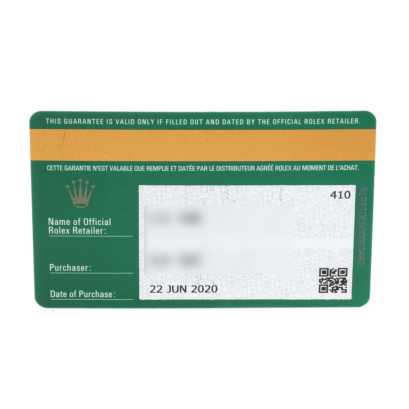 This image shows a warranty card for the Rolex GMT-Master 126710 Men
s Stainless Steel Black Dial 126710 Men
s Stainless Steel Black Dial model, detailing the purchase date and official retailer information.