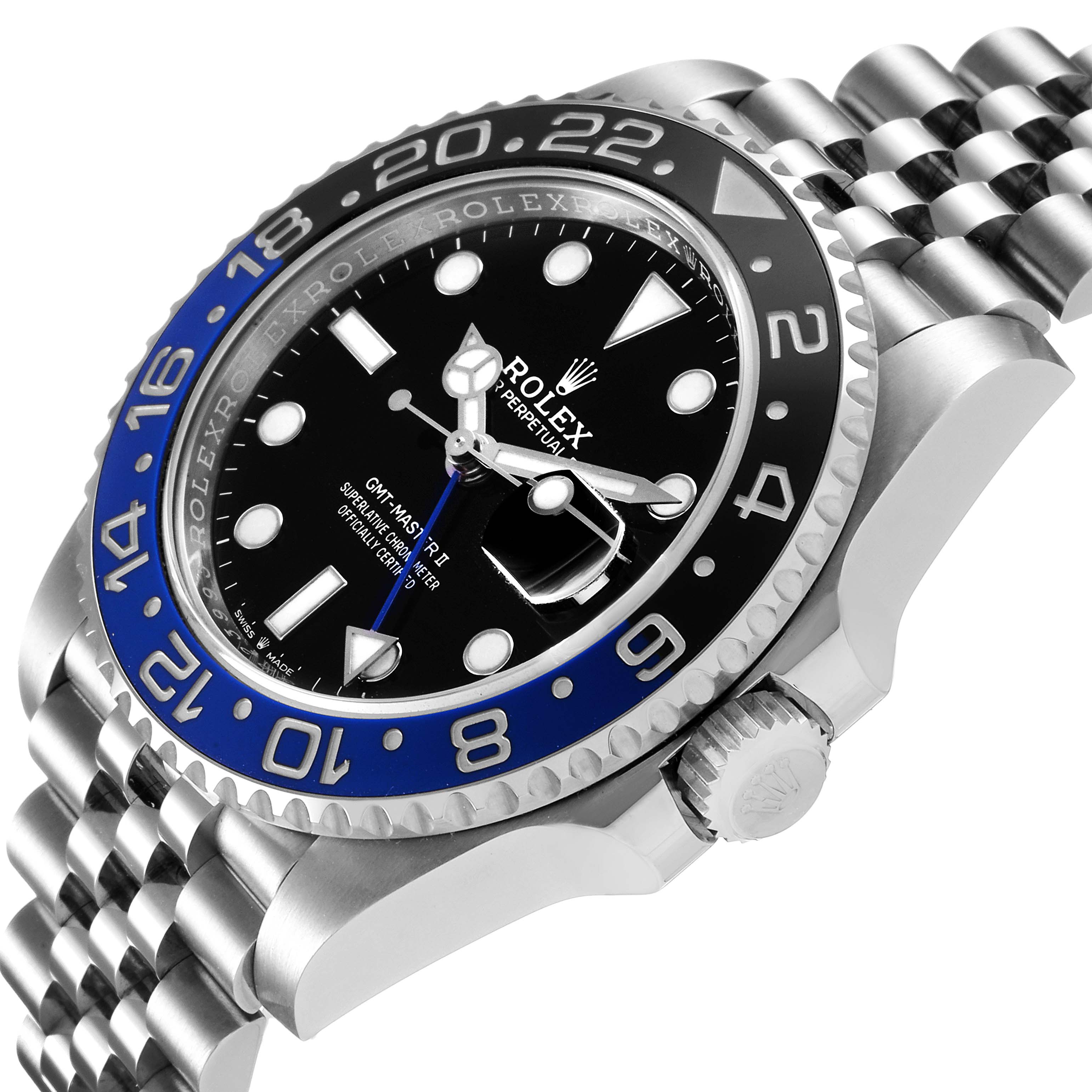 The image shows a side angle of a Rolex GMT-Master 126710 Men
s Stainless Steel Black Dial 126710 Men
s Stainless Steel Black Dial II watch, displaying the case, bezel, crown, and part of the bracelet.