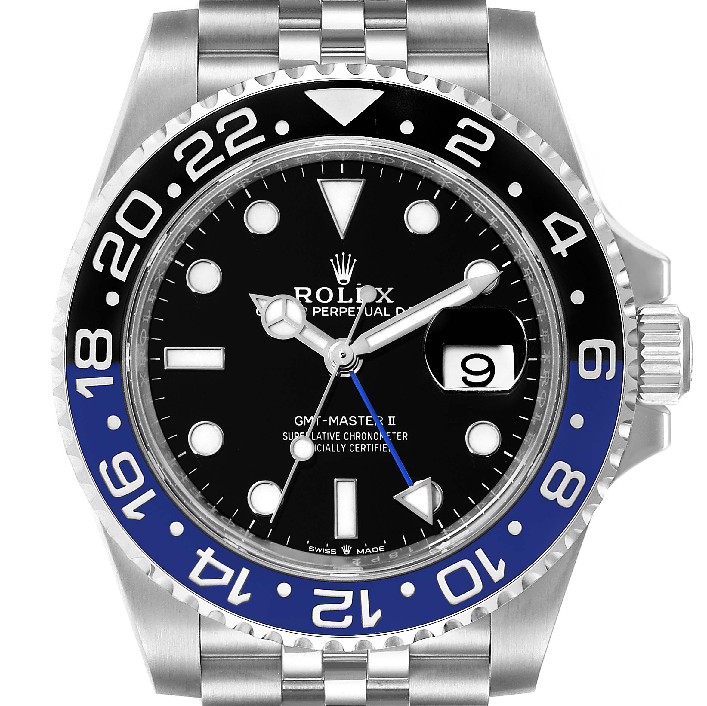 The image shows a straight-on view of a Rolex GMT-Master 126710 Men
s Stainless Steel Black Dial 126710 Men
s Stainless Steel Black Dial II watch, highlighting the dial, bezel, and part of the bracelet.