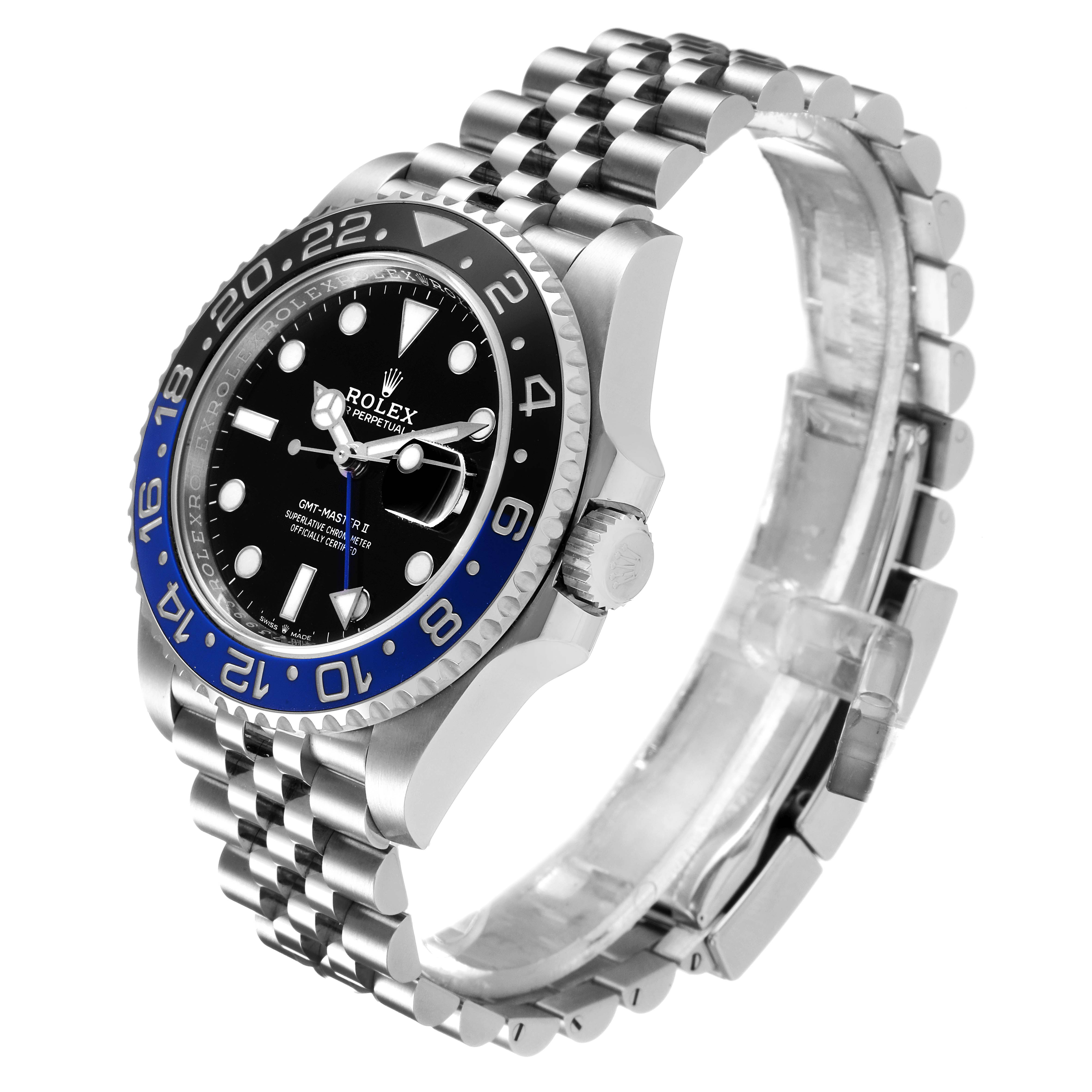 The Rolex GMT-Master 126710 Men
s Stainless Steel Black Dial 126710 Men
s Stainless Steel Black Dial watch is shown at an angle displaying the face, bezel, crown, and a portion of the bracelet.