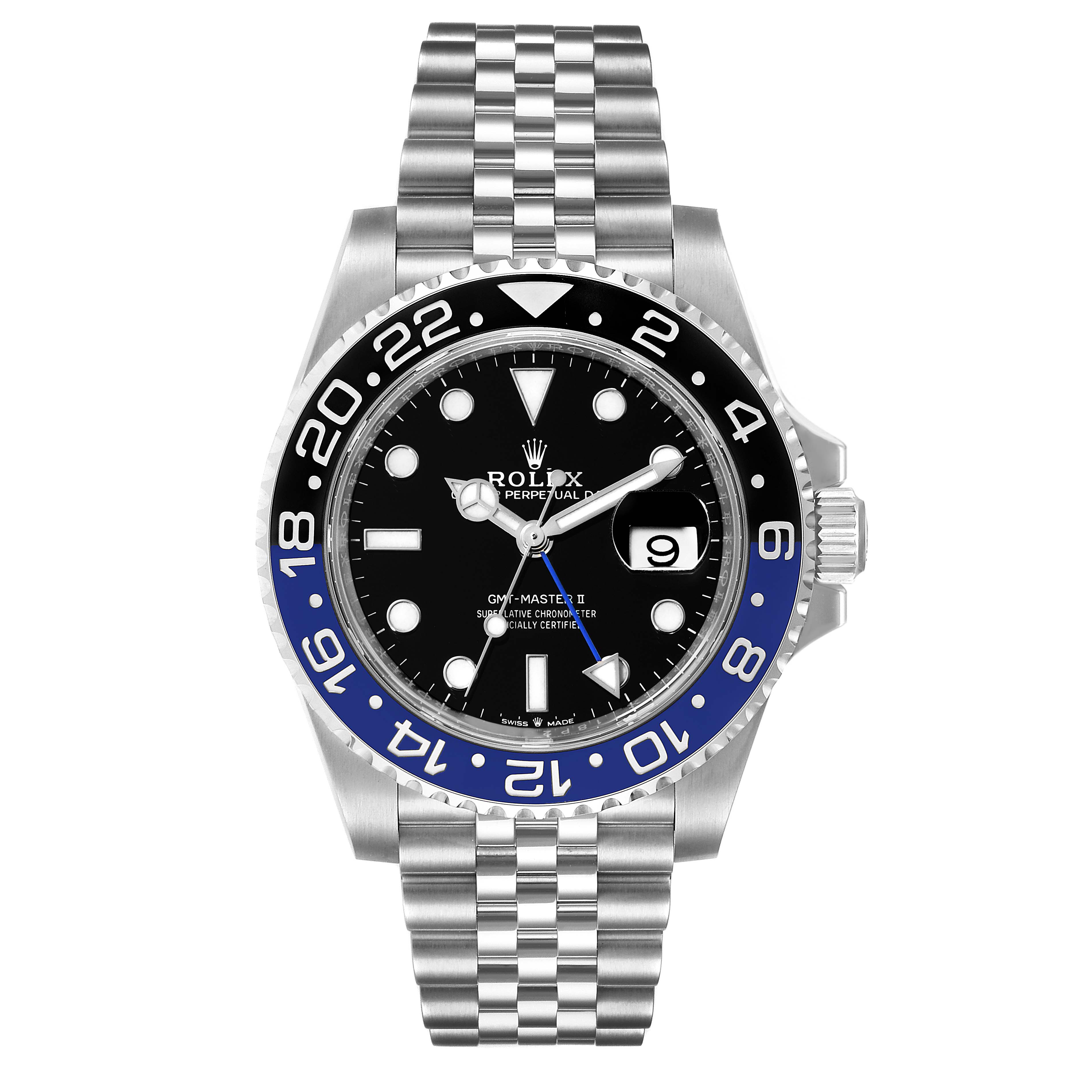 This image shows the front view of a Rolex GMT-Master 126710 Men
s Stainless Steel Black Dial 126710 Men
s Stainless Steel Black Dial II watch, highlighting the bezel, dial, hands, and bracelet.