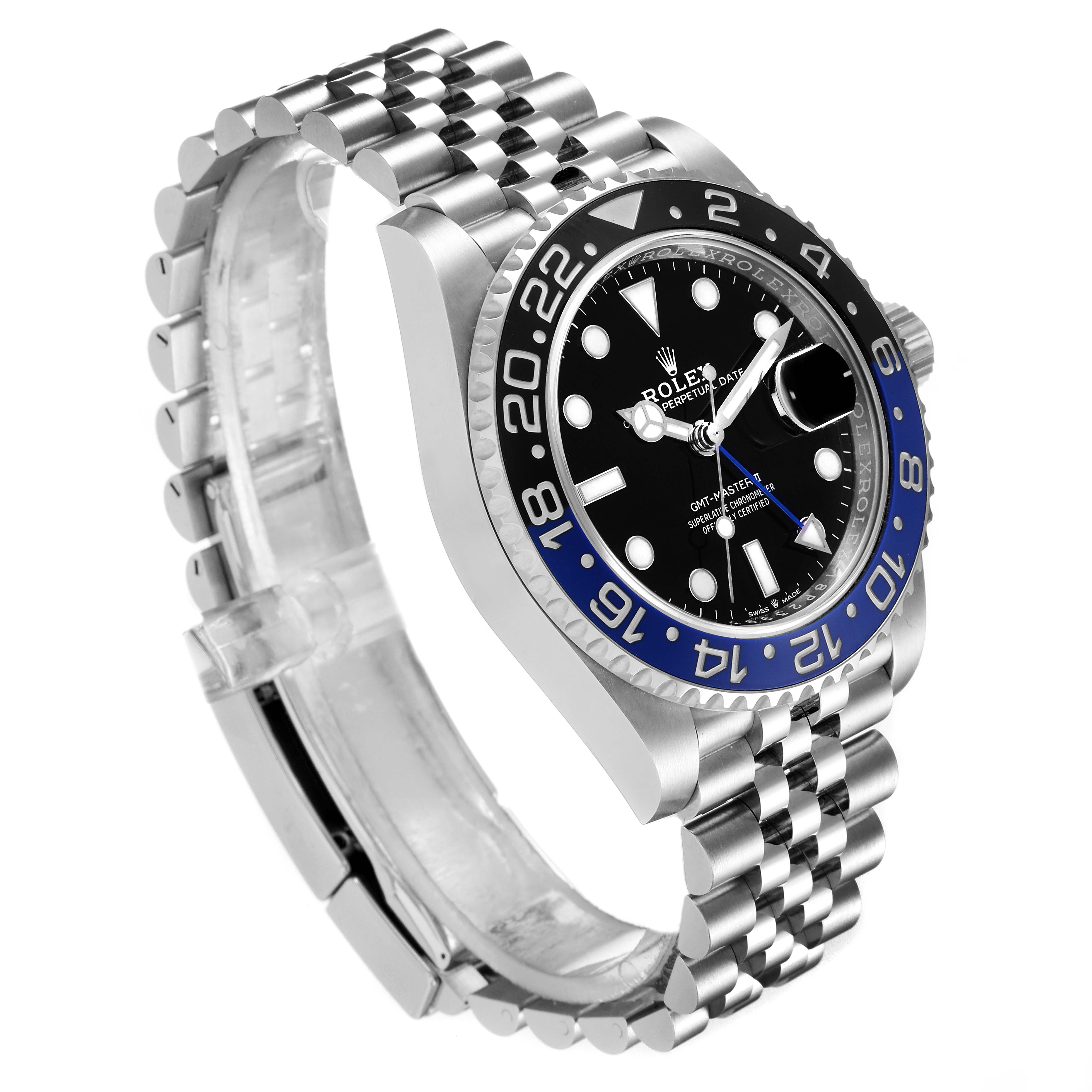 The image shows a side angle of the Rolex GMT-Master 126710 Men
s Stainless Steel Black Dial 126710 Men
s Stainless Steel Black Dial watch, highlighting its bezel, dial, and stainless steel bracelet.