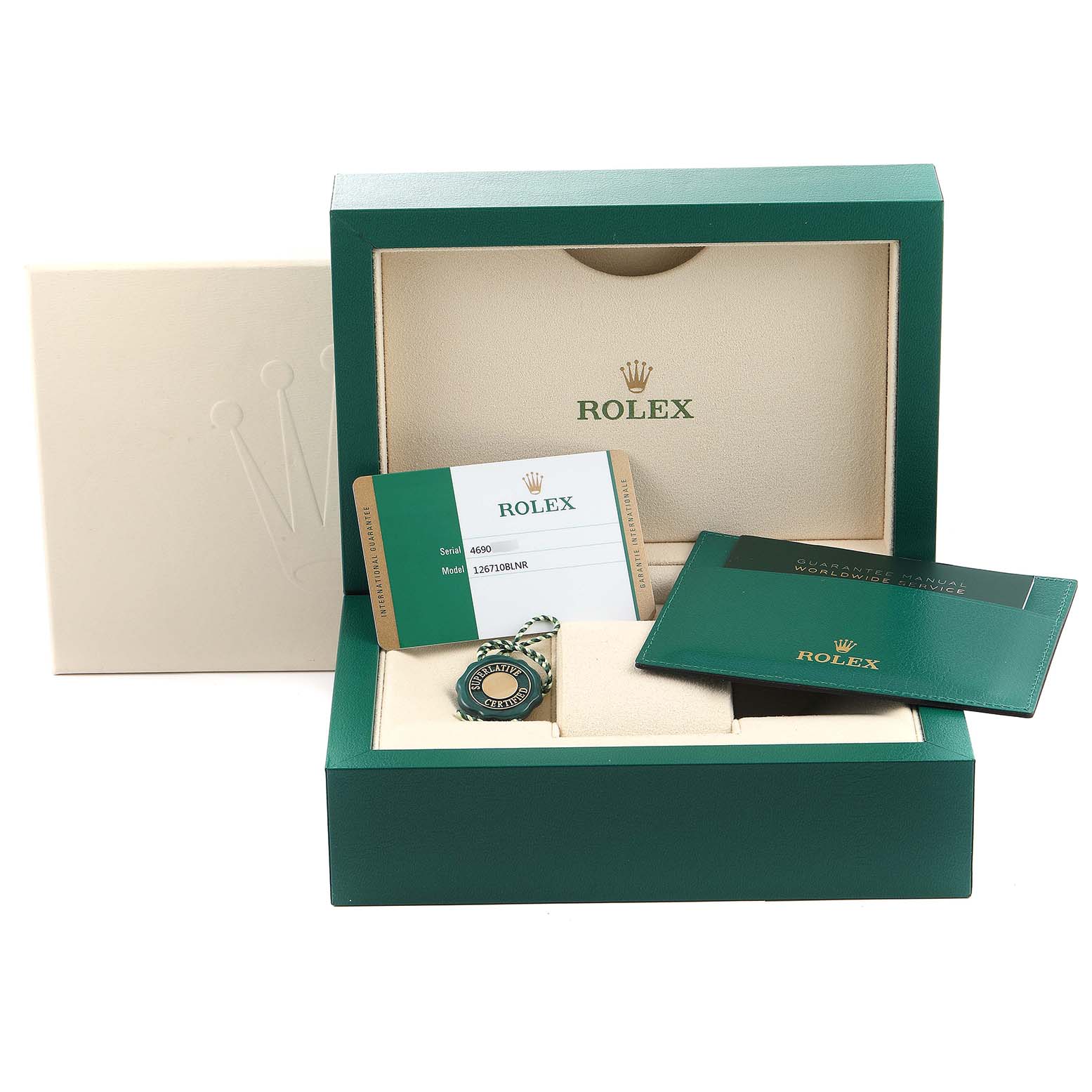 The image shows a Rolex GMT-Master 126710 Men
s Stainless Steel Black Dial 126710 Men
s Stainless Steel Black Dial watch box along with the warranty card, manual, and hangtag.