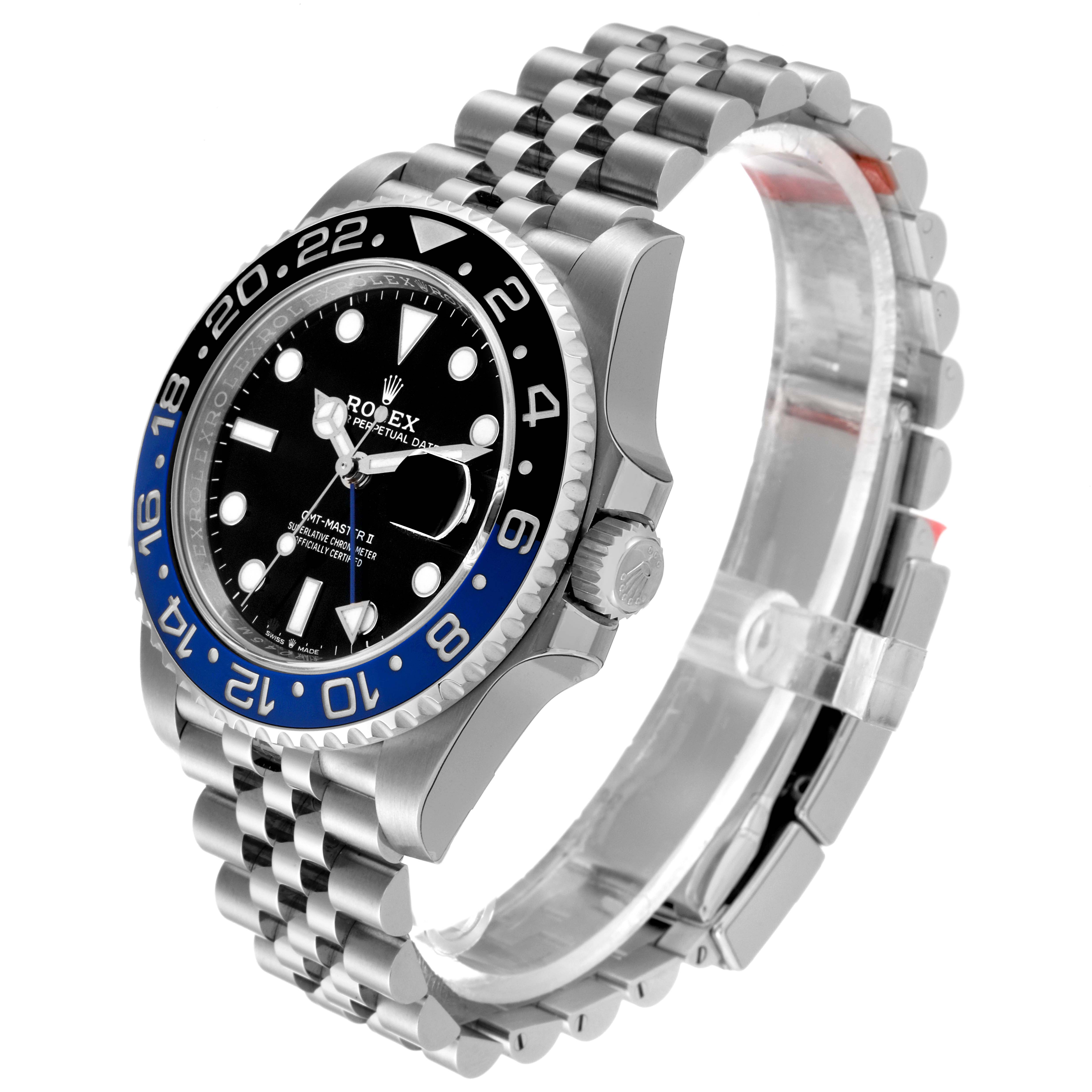 The image shows a side and angled view of a Rolex GMT-Master 126710 Men
s Stainless Steel Black Dial 126710 Men
s Stainless Steel Black Dial watch featuring its bezel, dial, and bracelet.