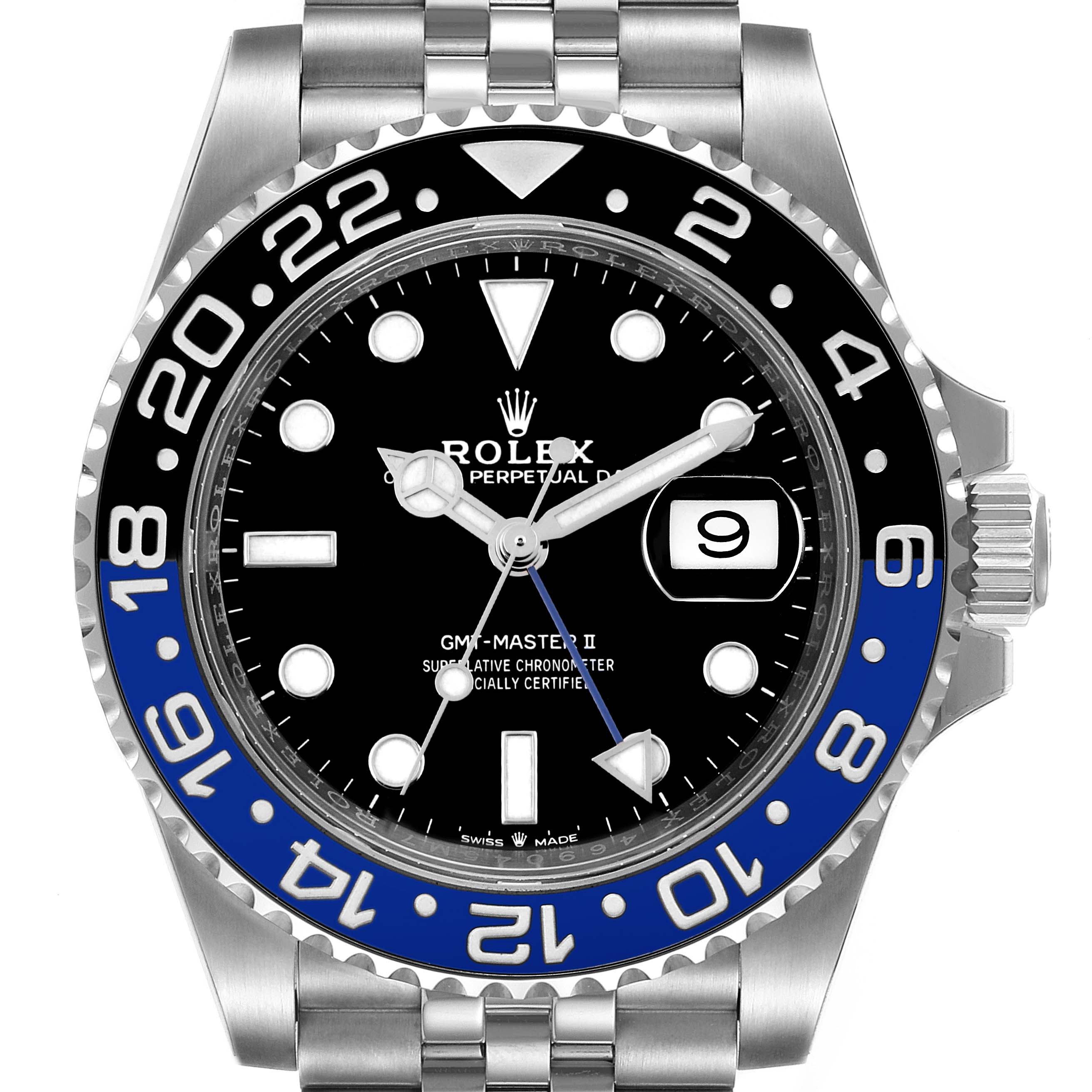 The image shows a front view of a Rolex GMT-Master 126710 Men
s Stainless Steel Black Dial 126710 Men
s Stainless Steel Black Dial II watch, highlighting the dial, bezel, and part of the bracelet.