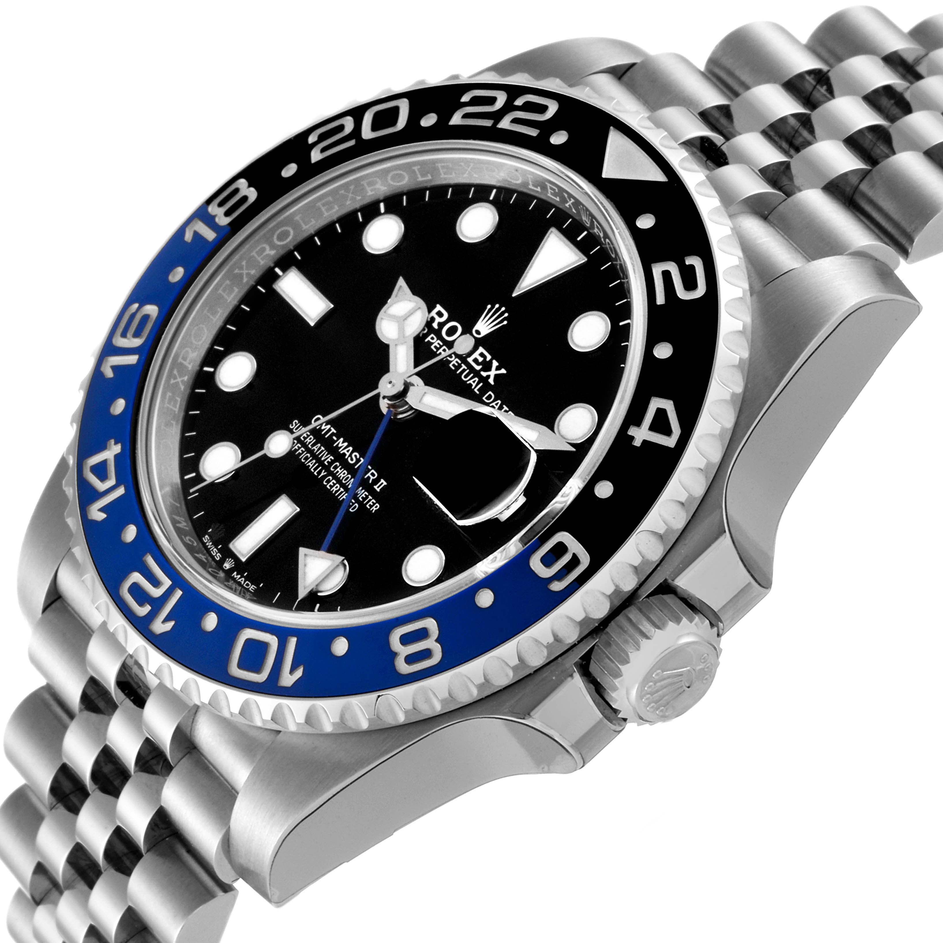 This image shows a side view of a Rolex GMT-Master 126710 Men
s Stainless Steel Black Dial 126710 Men
s Stainless Steel Black Dial watch, highlighting its bezel, dial, and stainless steel bracelet.