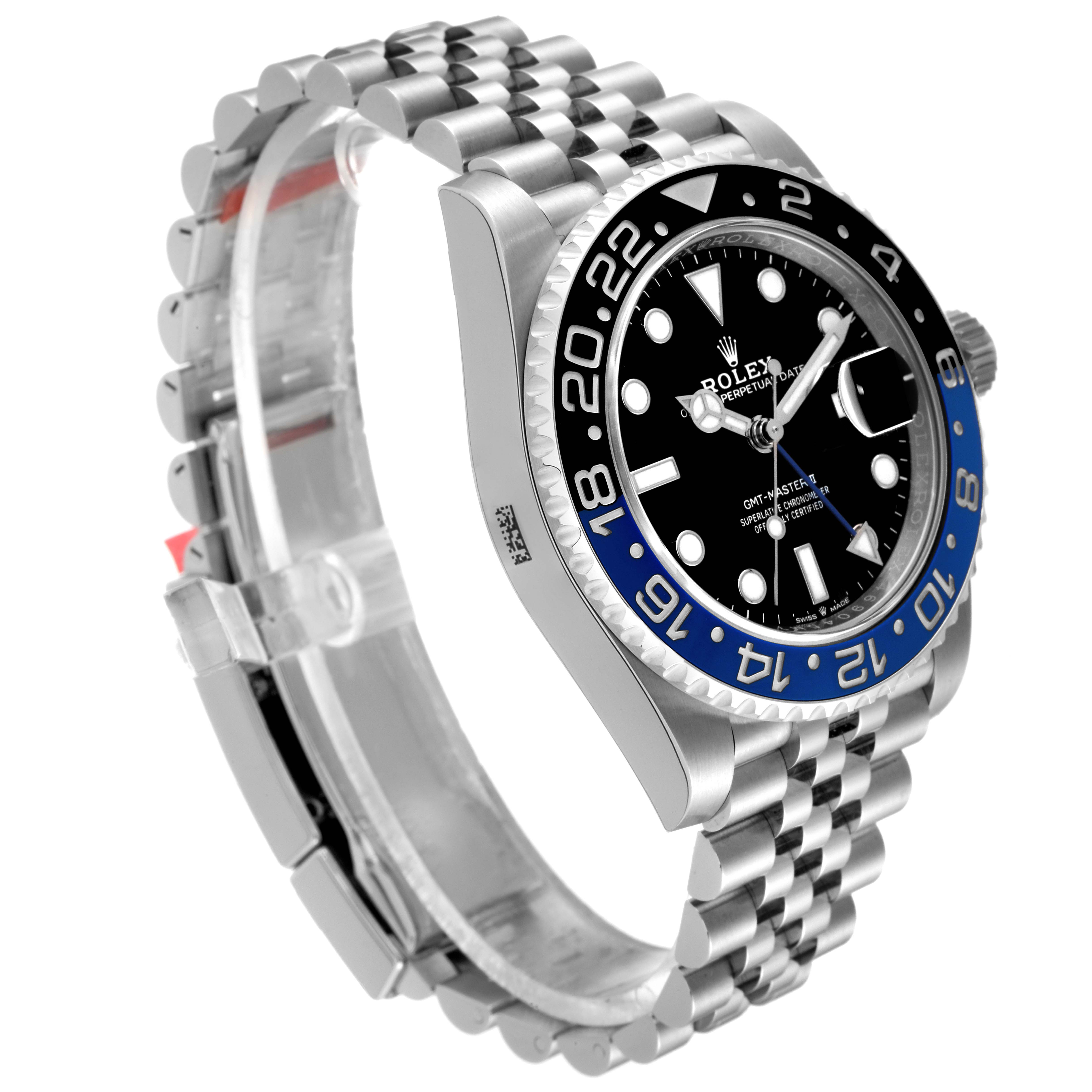 The image shows a side view of a Rolex GMT-Master 126710 Men
s Stainless Steel Black Dial 126710 Men
s Stainless Steel Black Dial watch, highlighting the face, bezel, and bracelet.