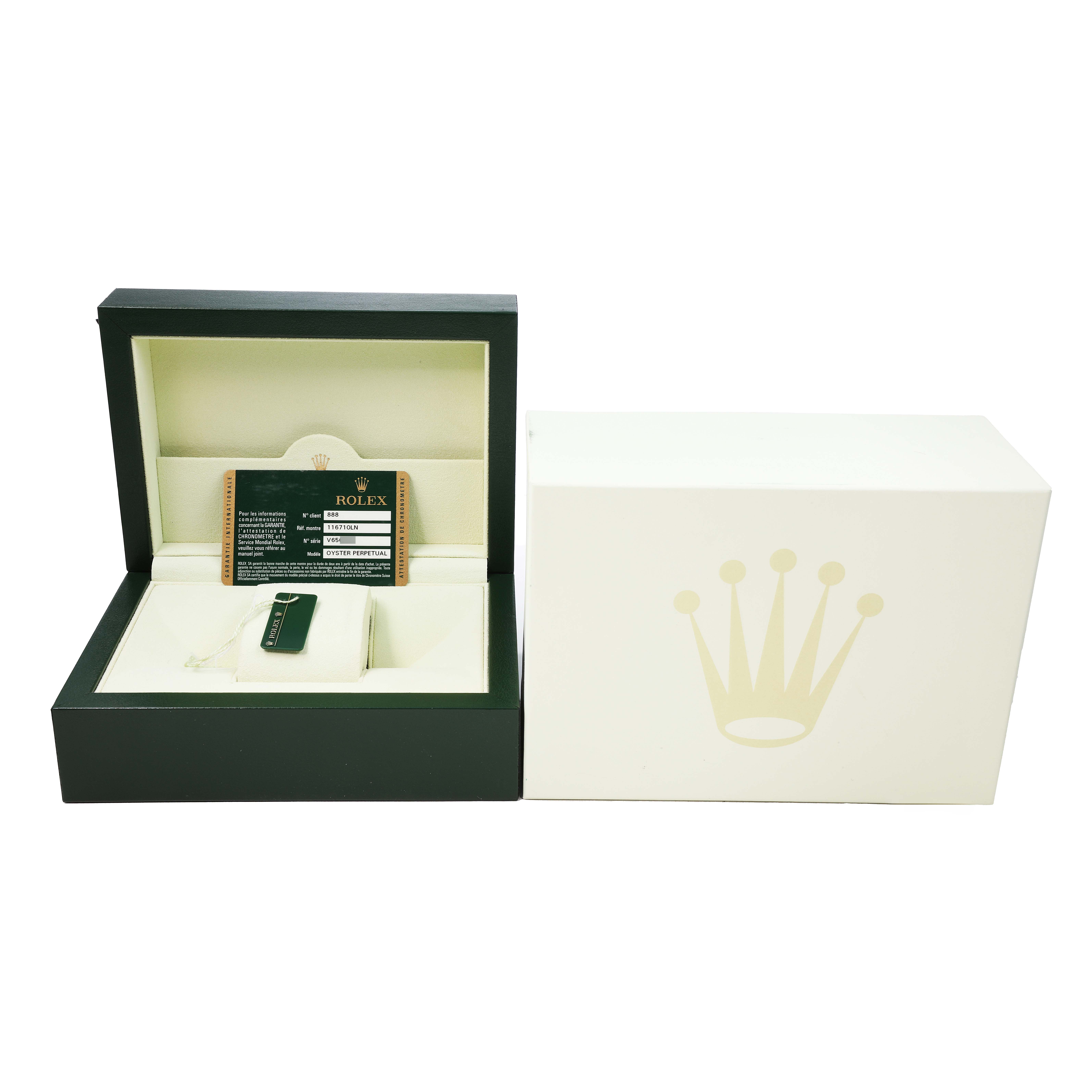 The image shows a Rolex GMT-Master 116710 Men's Stainless Steel Black Dial box and documents, no actual watch visible.