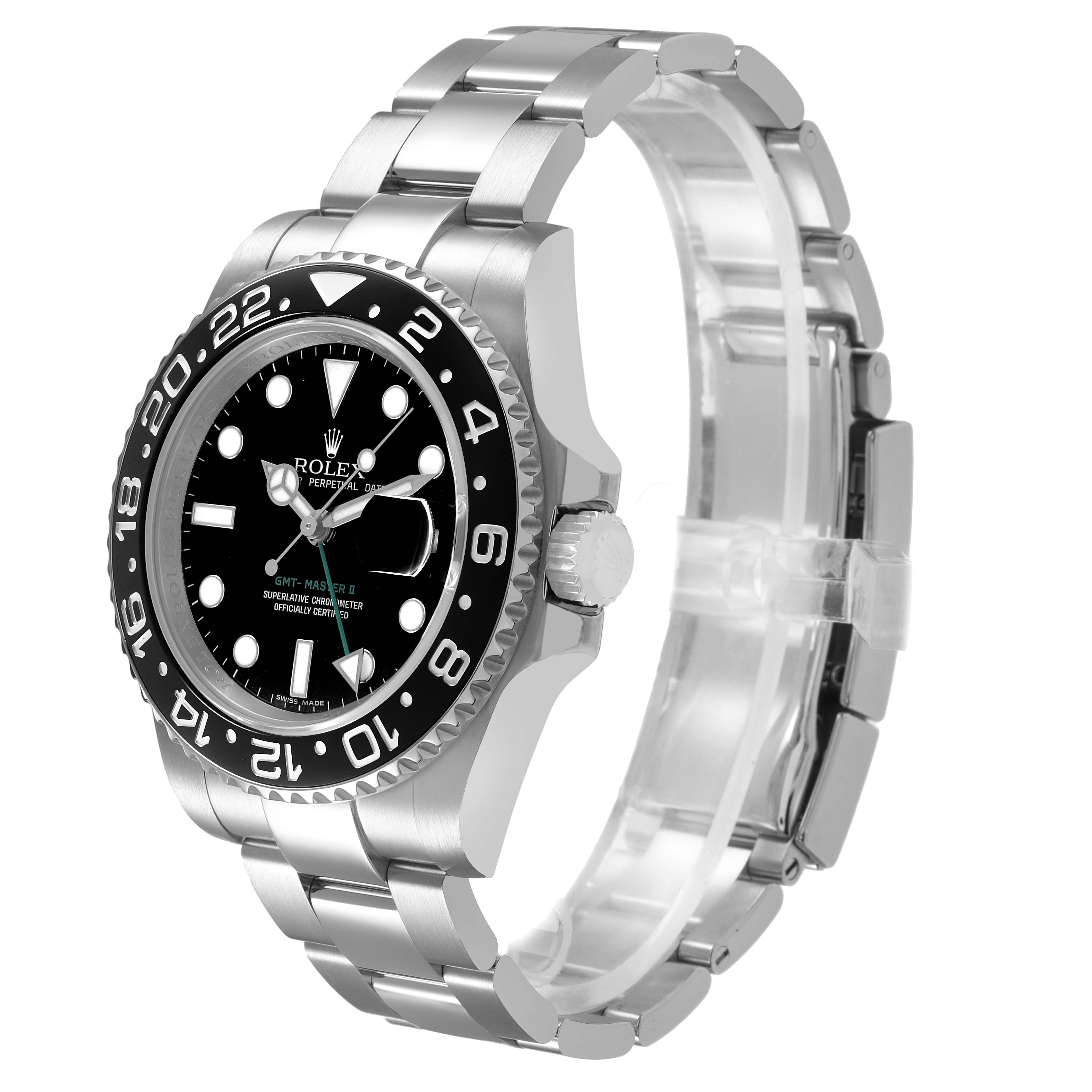 The Rolex GMT-Master 116710 Men's Stainless Steel Black Dial is shown at a 3/4 angle, displaying the bezel, dial, crown, and bracelet.