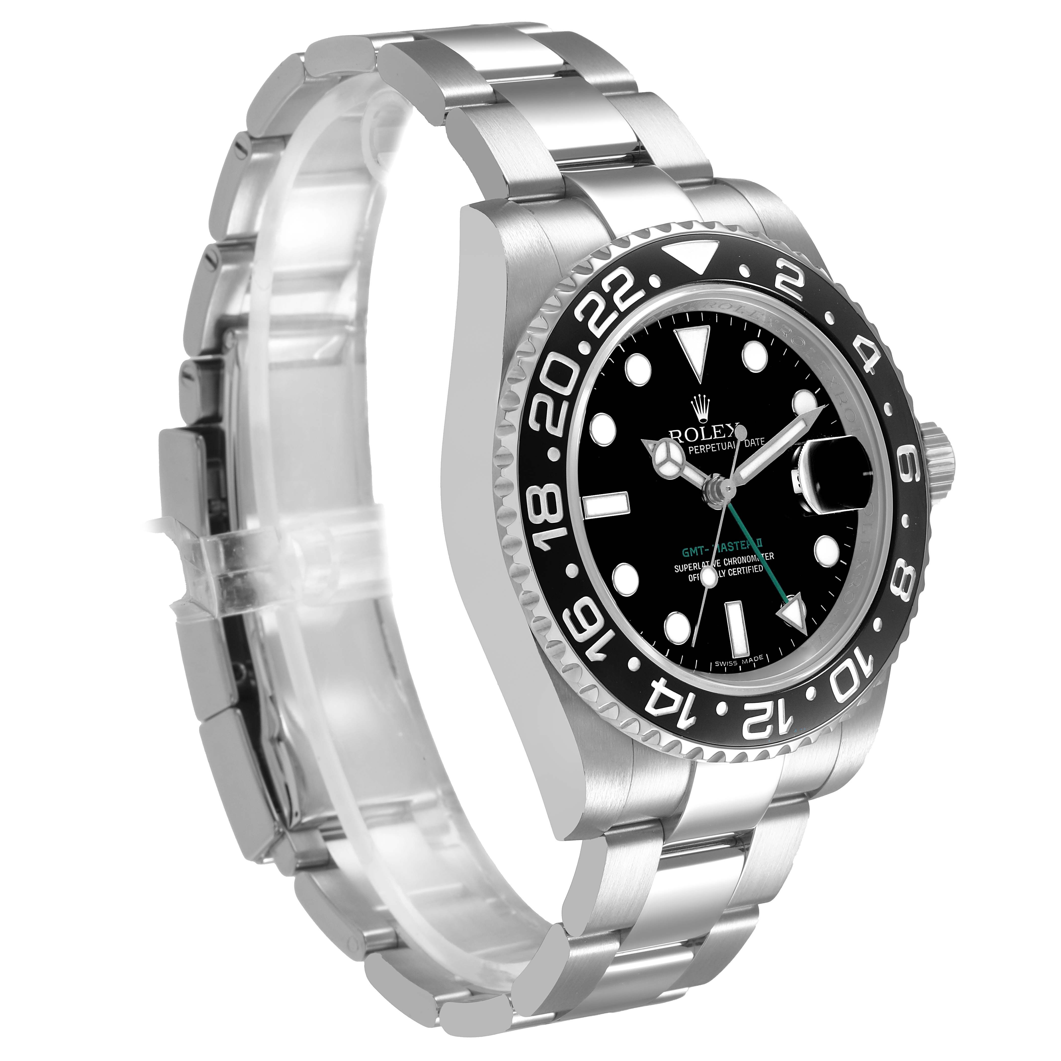 The Rolex GMT-Master 116710 Men's Stainless Steel Black Dial watch is shown at a side angle, highlighting the bezel, dial, bracelet, and crown.
