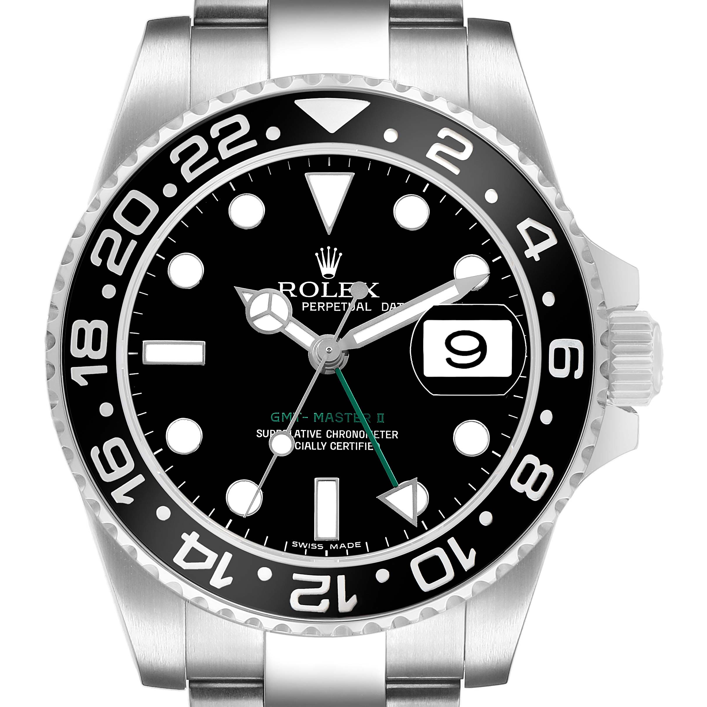 The image shows a front view of the Rolex GMT-Master 116710 Men's Stainless Steel Black Dial II watch, highlighting the dial, bezel, and part of the bracelet.