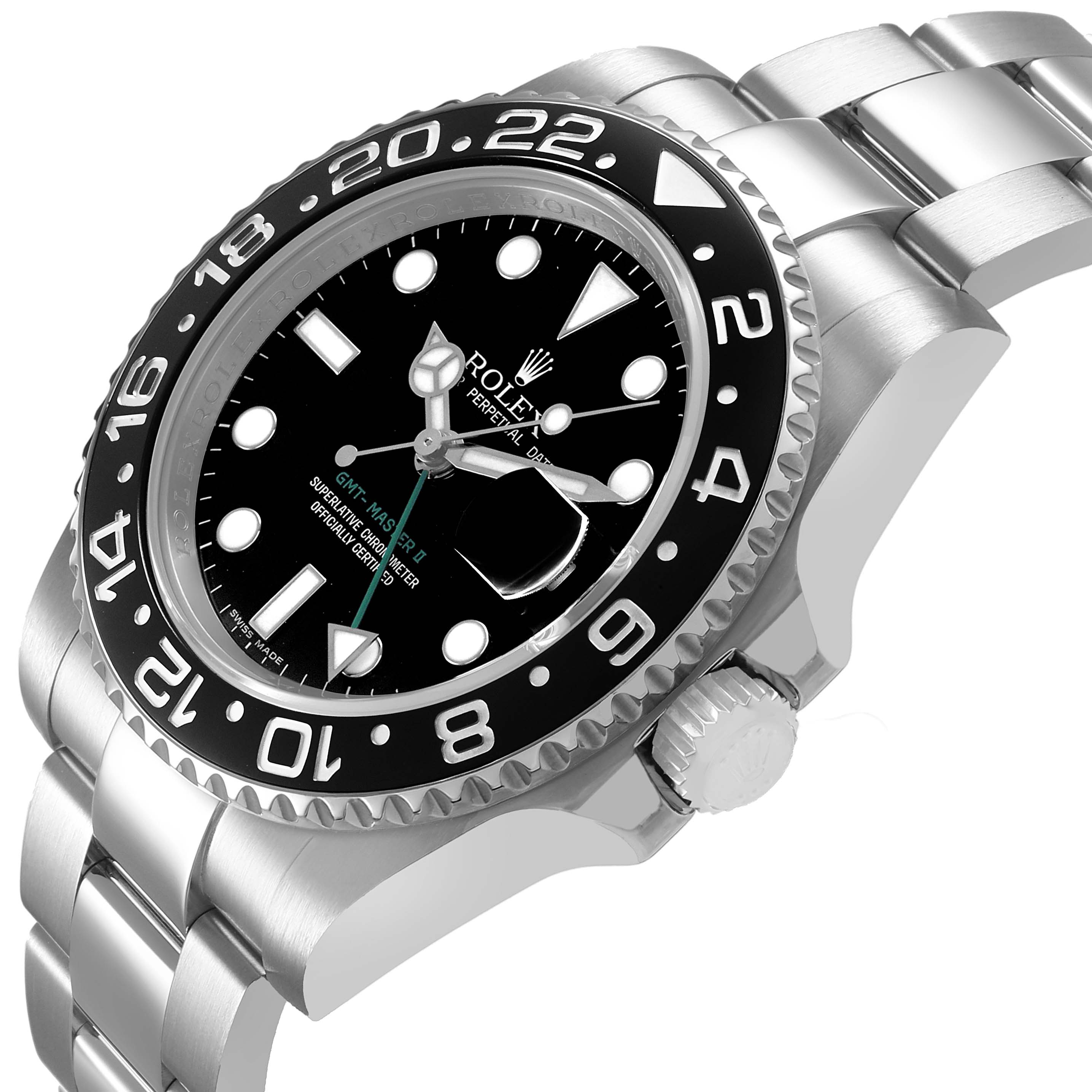 The Rolex GMT-Master 116710 Men's Stainless Steel Black Dial watch is shown at a three-quarter angle, highlighting the bezel, dial, crown, and part of the bracelet.