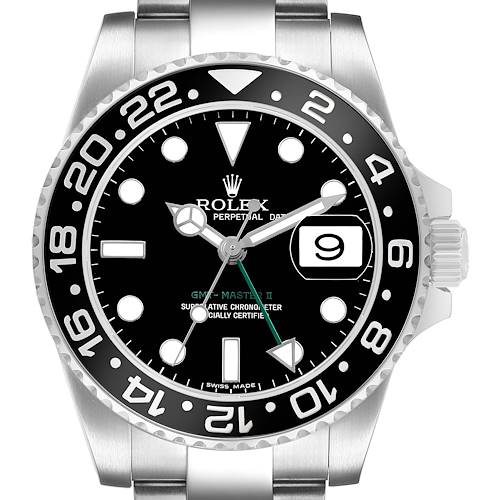 The Rolex GMT-Master 116710 Men's Stainless Steel Black Dial watch is shown from a front angle, highlighting the dial, bezel, and part of the bracelet.