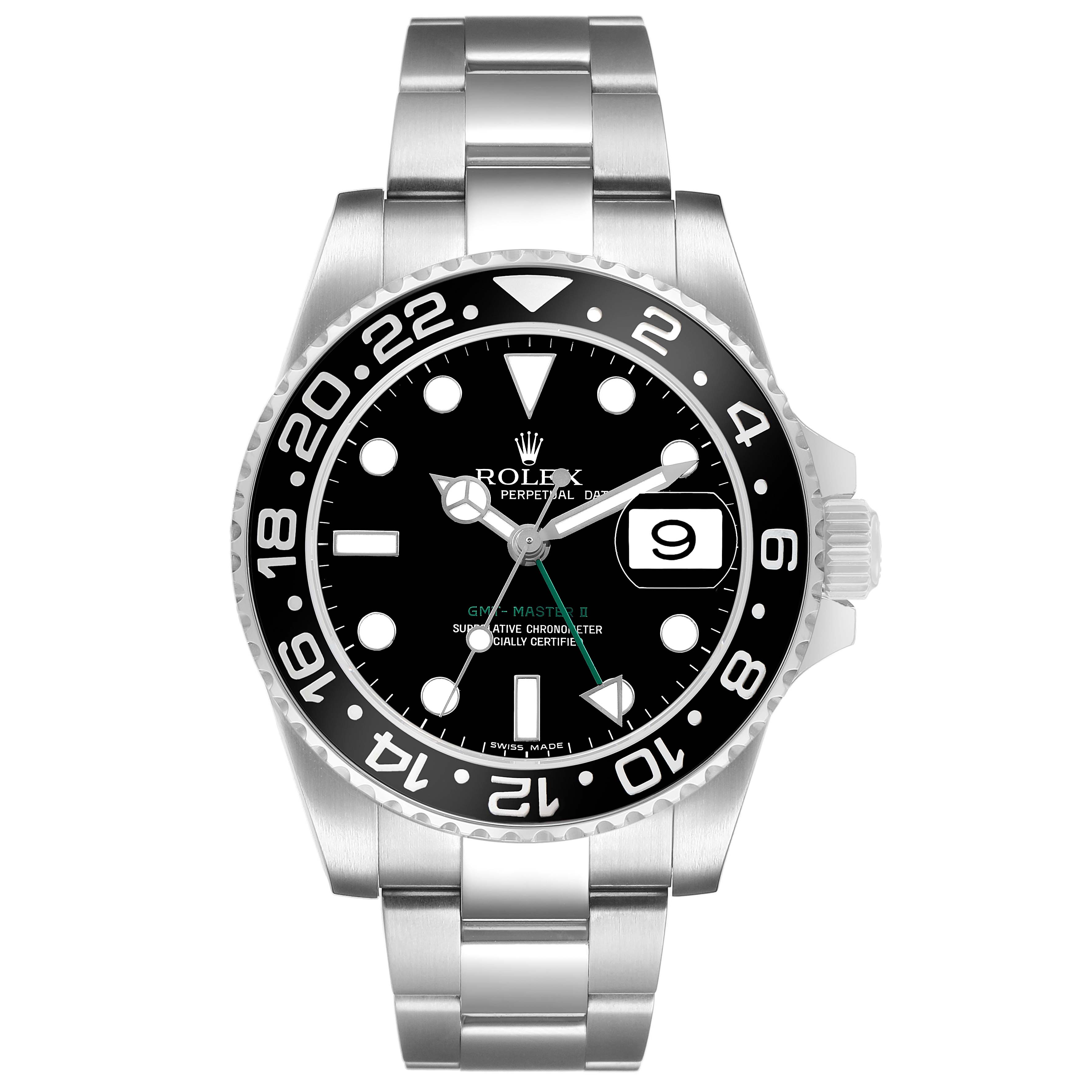 The Rolex GMT-Master 116710 Men's Stainless Steel Black Dial model is shown from the front, highlighting the dial, bezel, hands, date, and bracelet.