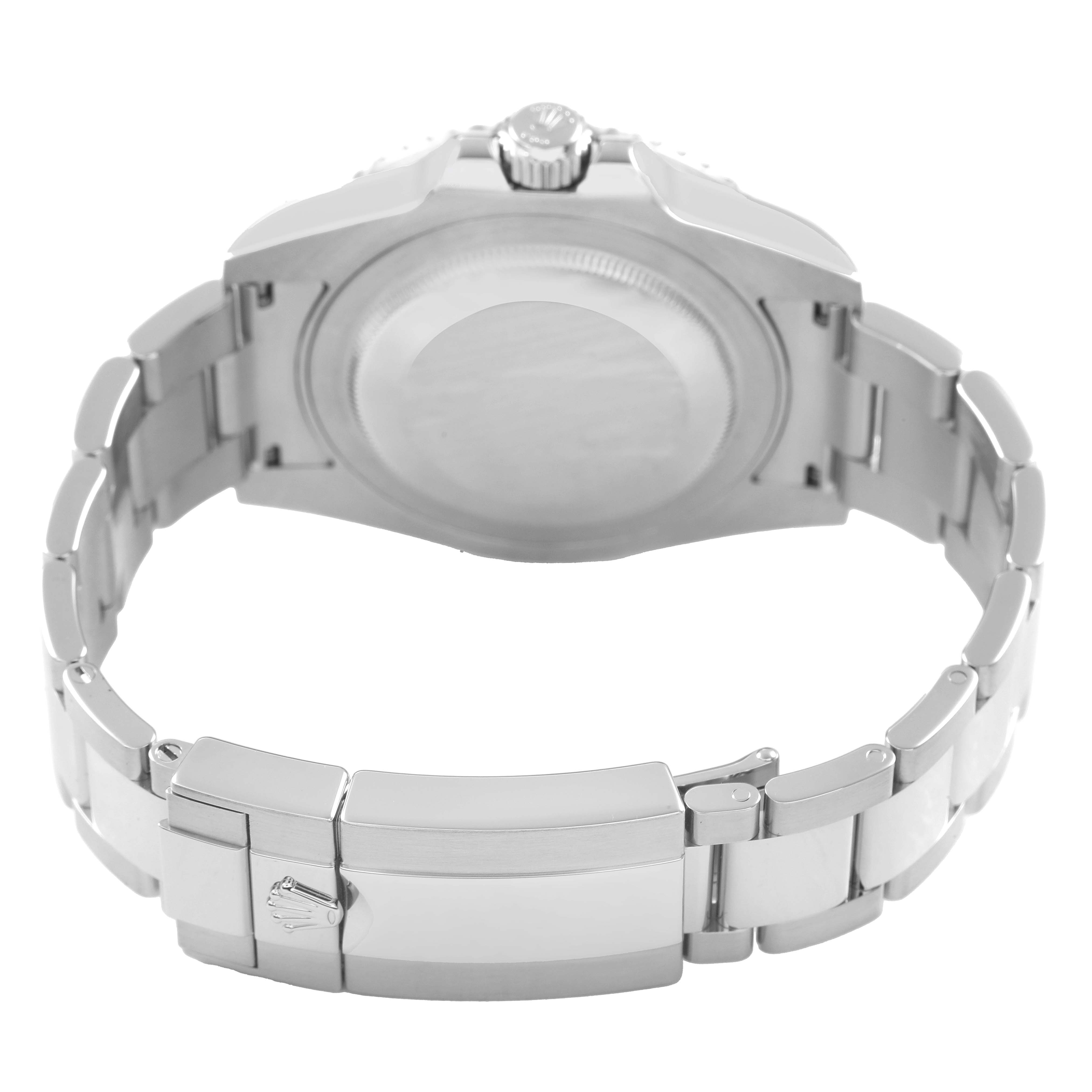 The image shows the back and bracelet of the Rolex GMT-Master 116710 Men's Stainless Steel Black Dial, focusing on the clasp and case back from a rear angle.