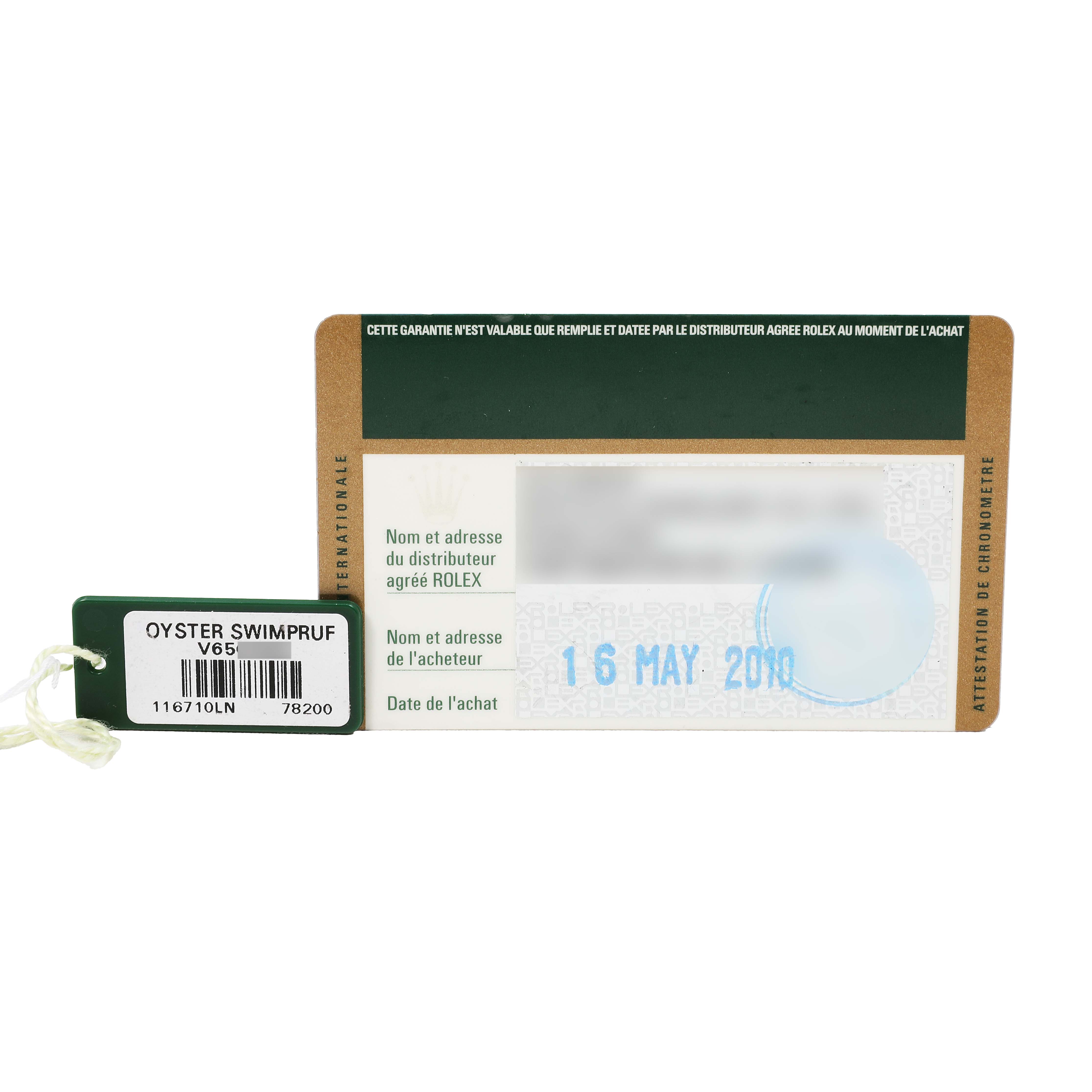 The image shows a warranty card and tag for the Rolex GMT-Master 116710 Men's Stainless Steel Black Dial, with a clear view of the card details.