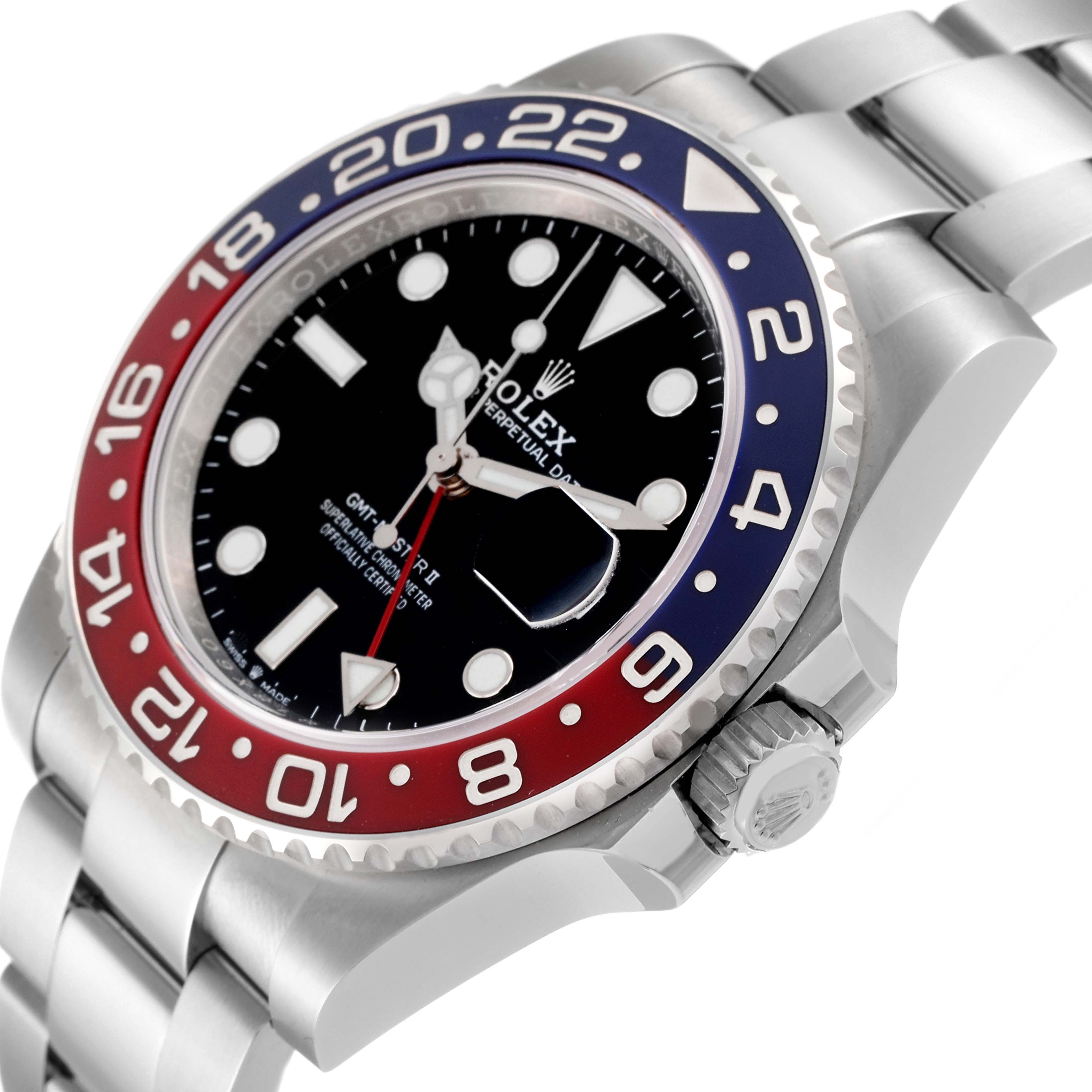 The image shows a side angle of a Rolex GMT-Master 126710 Men's Stainless Steel Black Dial 126710 Men's Stainless Steel Black Dial watch highlighting the bezel, dial, and part of the bracelet.