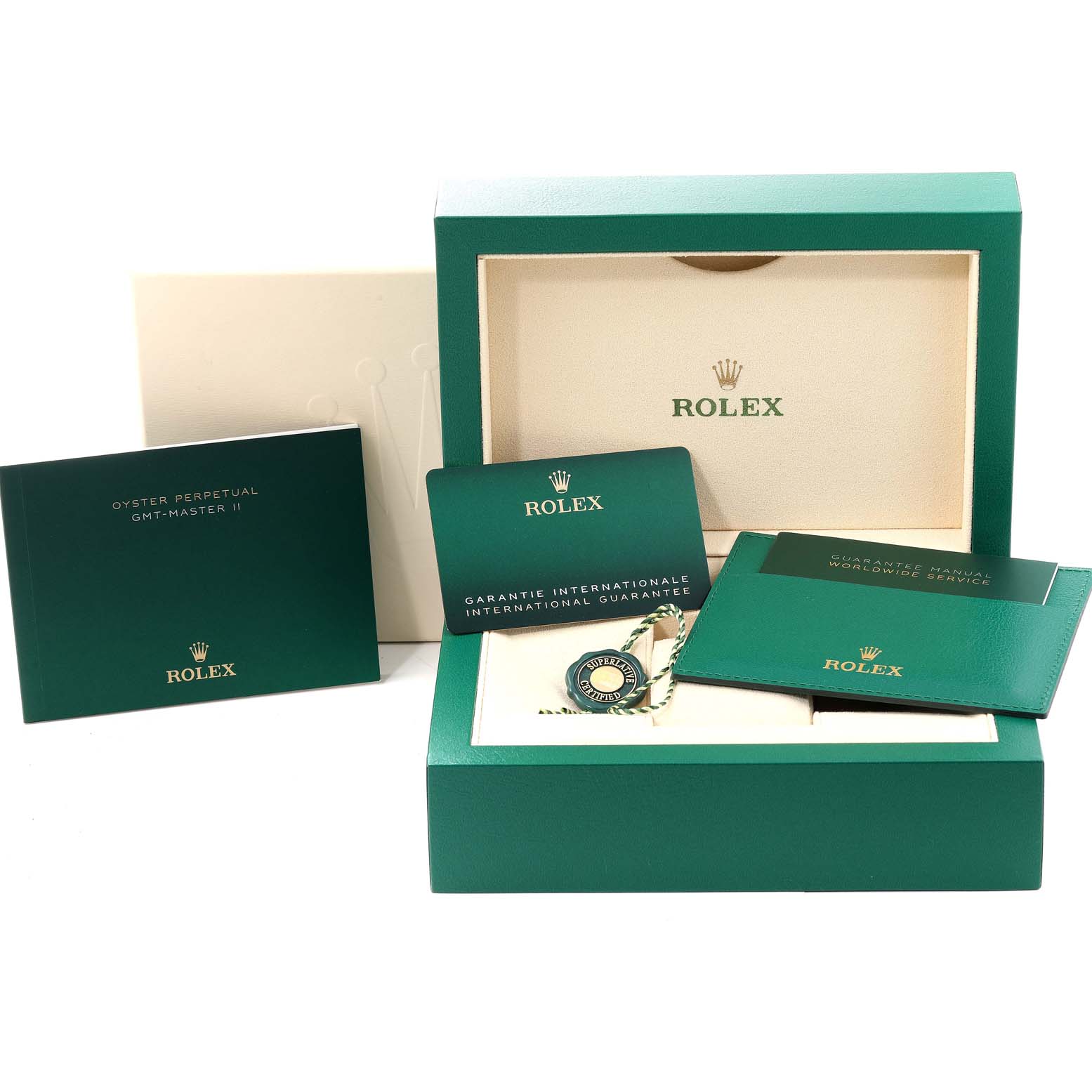 The image shows the packaging, warranty card, manuals, and accessories for a Rolex GMT-Master 126710 Men's Stainless Steel Black Dial 126710 Men's Stainless Steel Black Dial II watch.