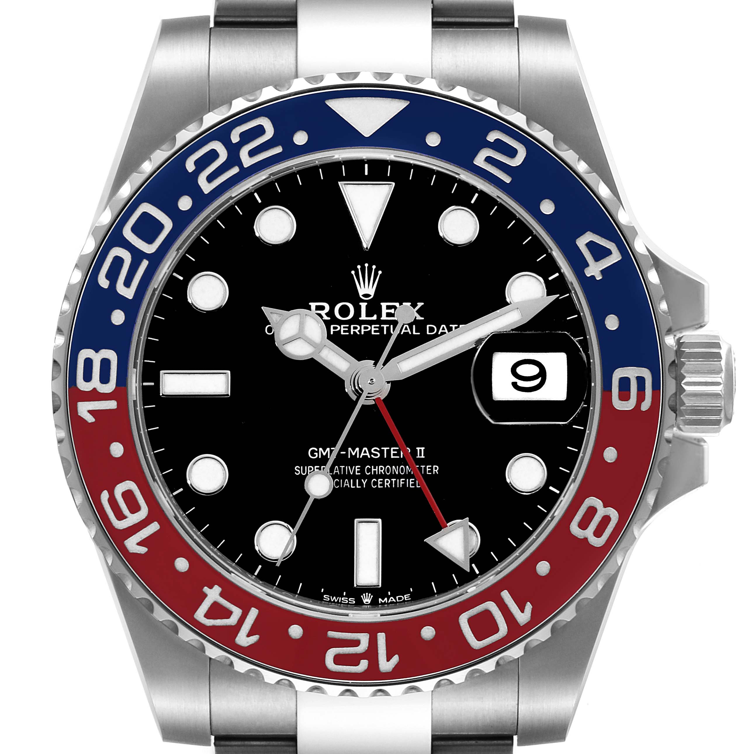 The image shows a front view of a Rolex GMT-Master 126710 Men's Stainless Steel Black Dial 126710 Men's Stainless Steel Black Dial II watch, highlighting its dial, bezel, and bracelet.