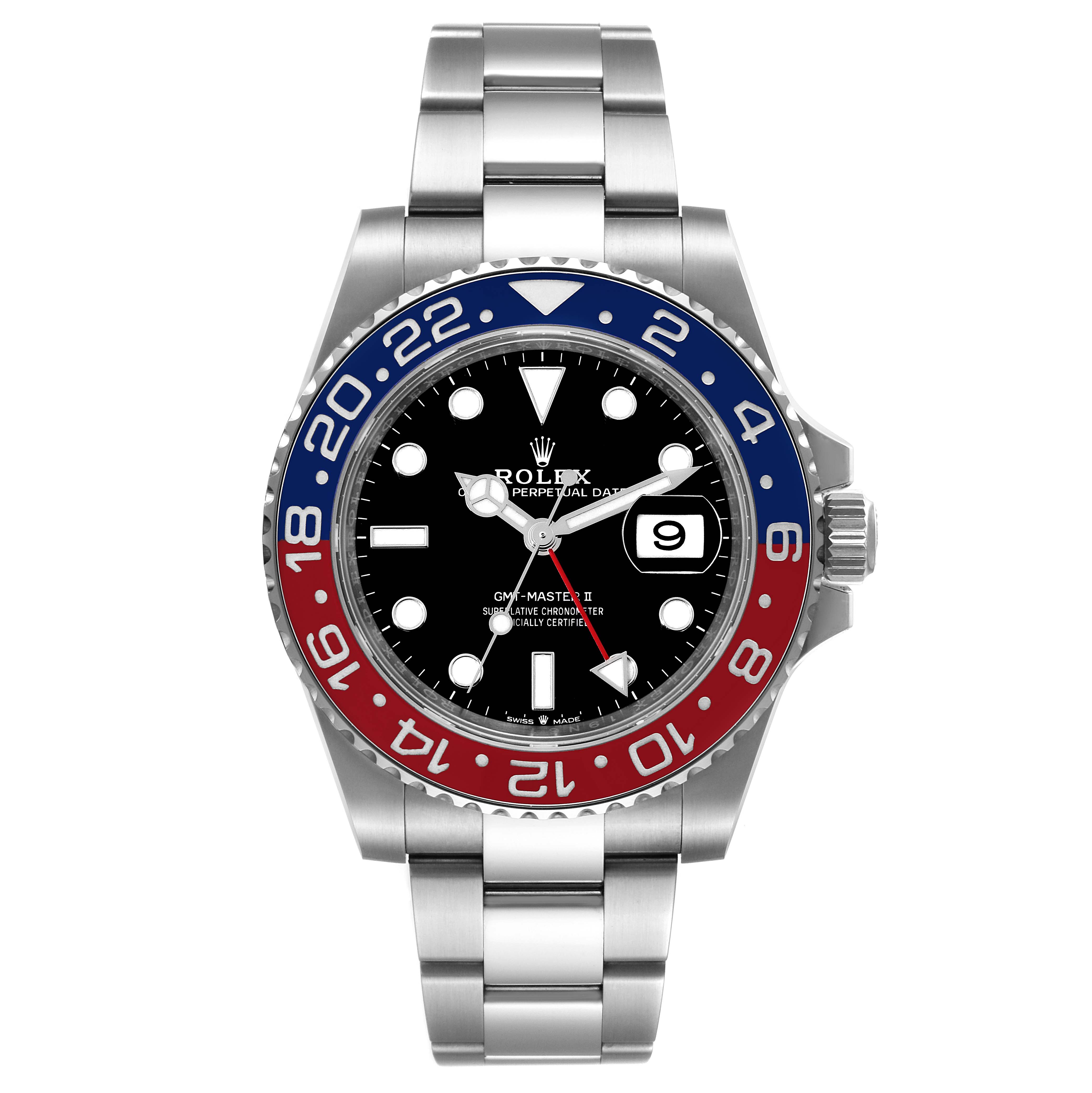 The image shows a front view of a Rolex GMT-Master 126710 Men's Stainless Steel Black Dial 126710 Men's Stainless Steel Black Dial II watch, highlighting its bezel, dial, hands, and bracelet.